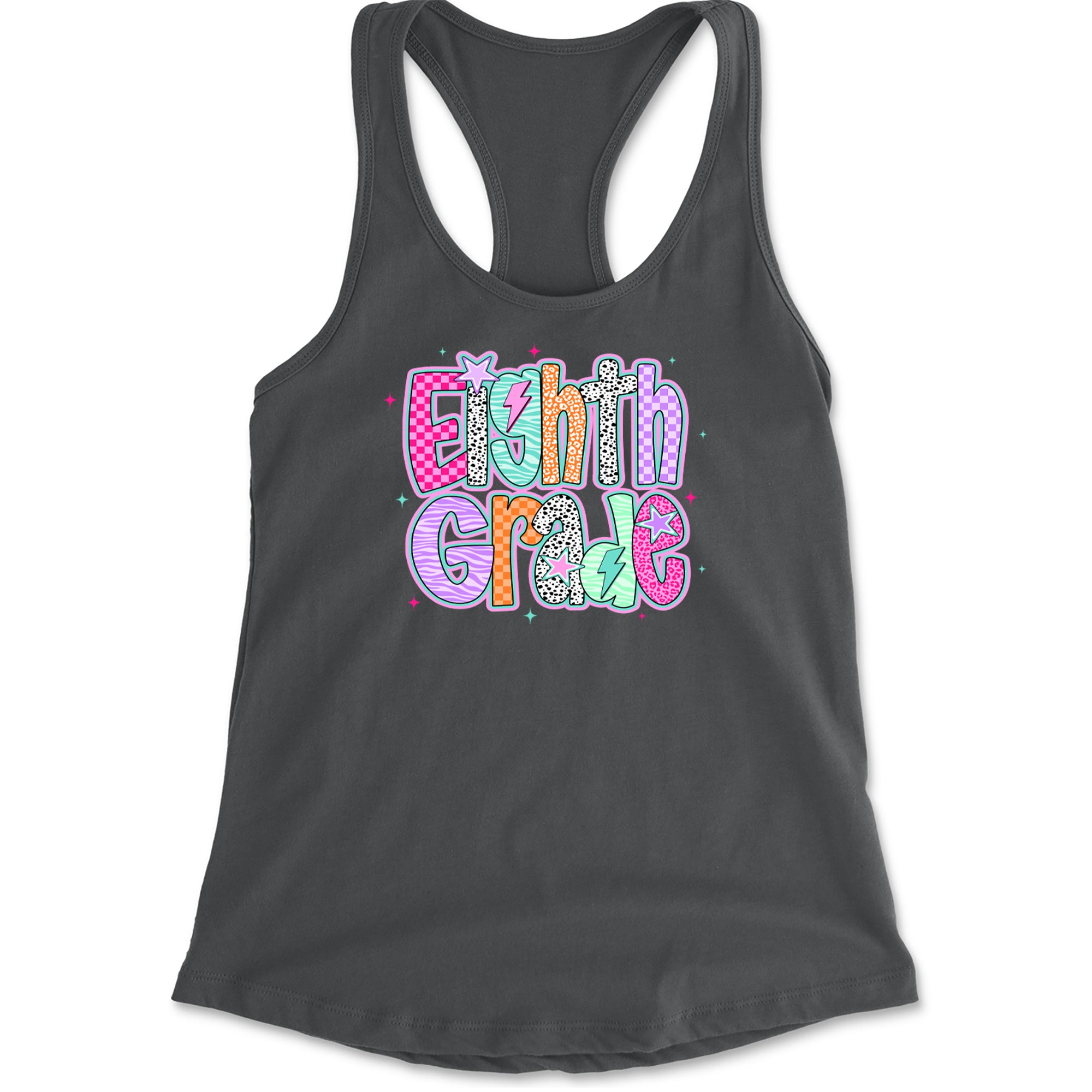 Eighth Grade Energy Colorful Back to School Racerback Tank Top for Women Charcoal Grey