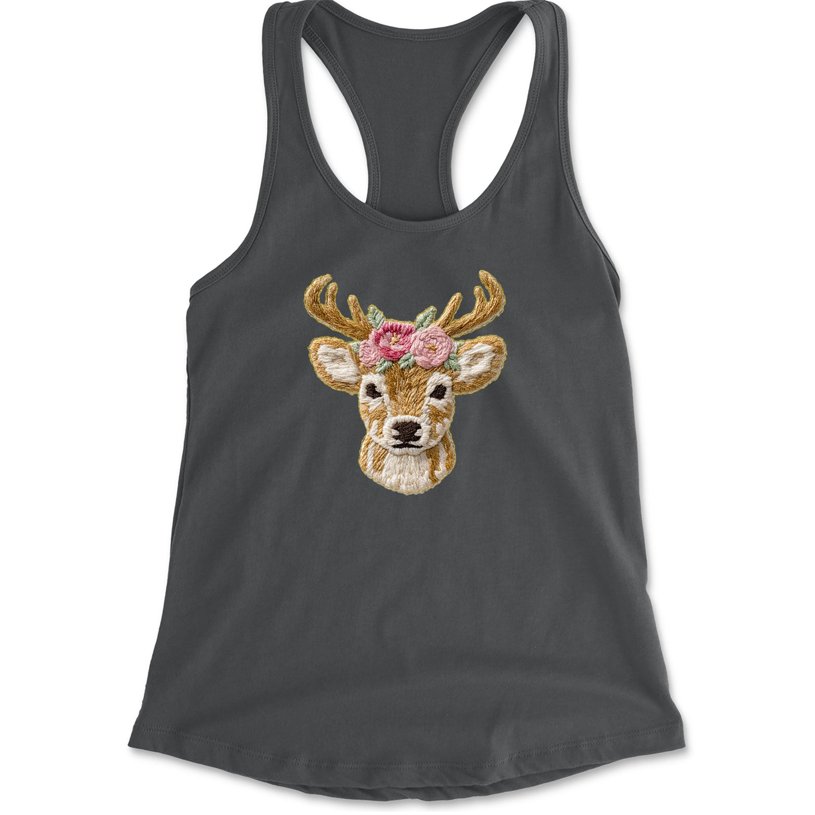 Vintage Reindeer Embroidery Art Soft Cottagecore Racerback Tank Top for Women Charcoal Grey