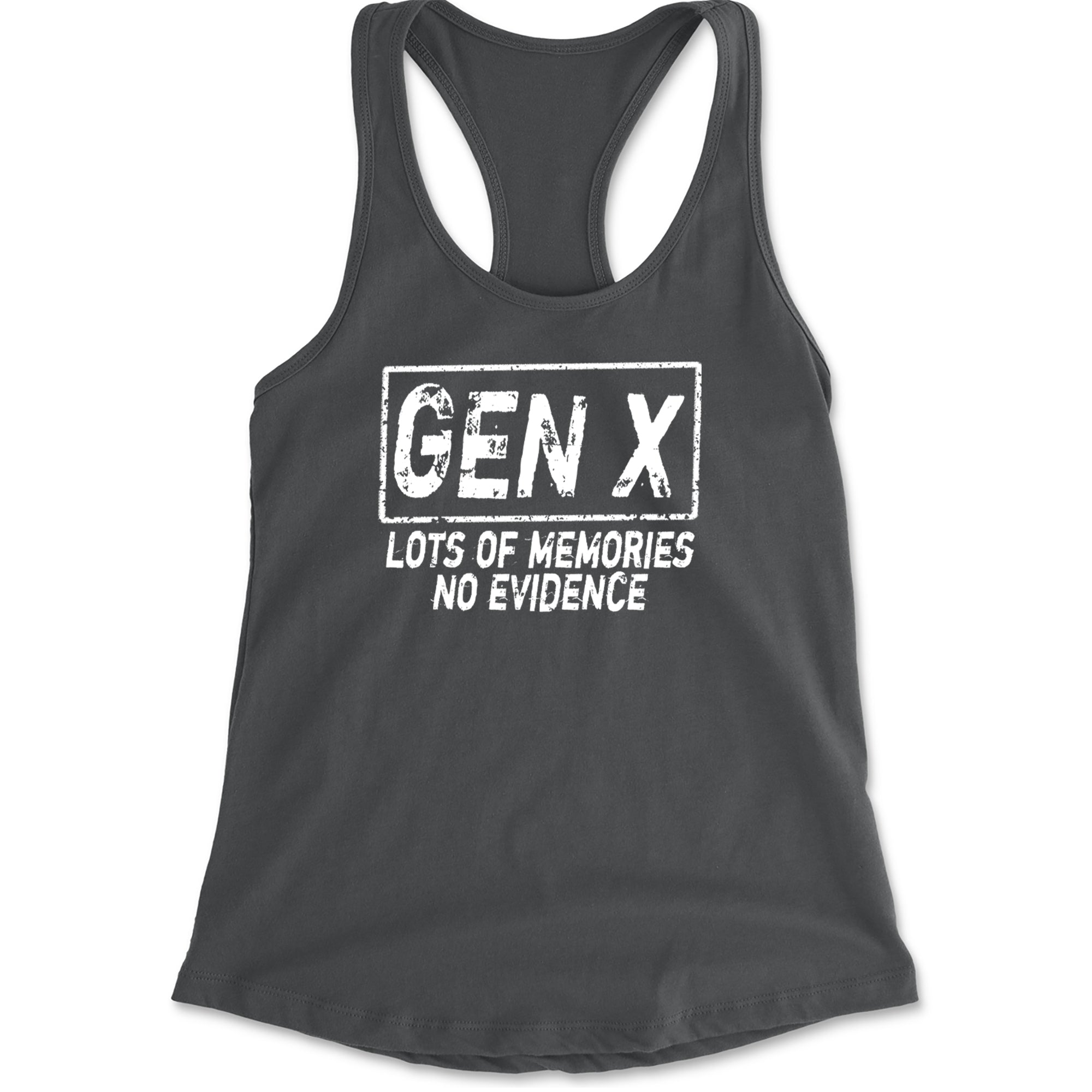 Gen X Lots of Memories No Evidence Nostalgia Racerback Tank Top for Women Charcoal Grey