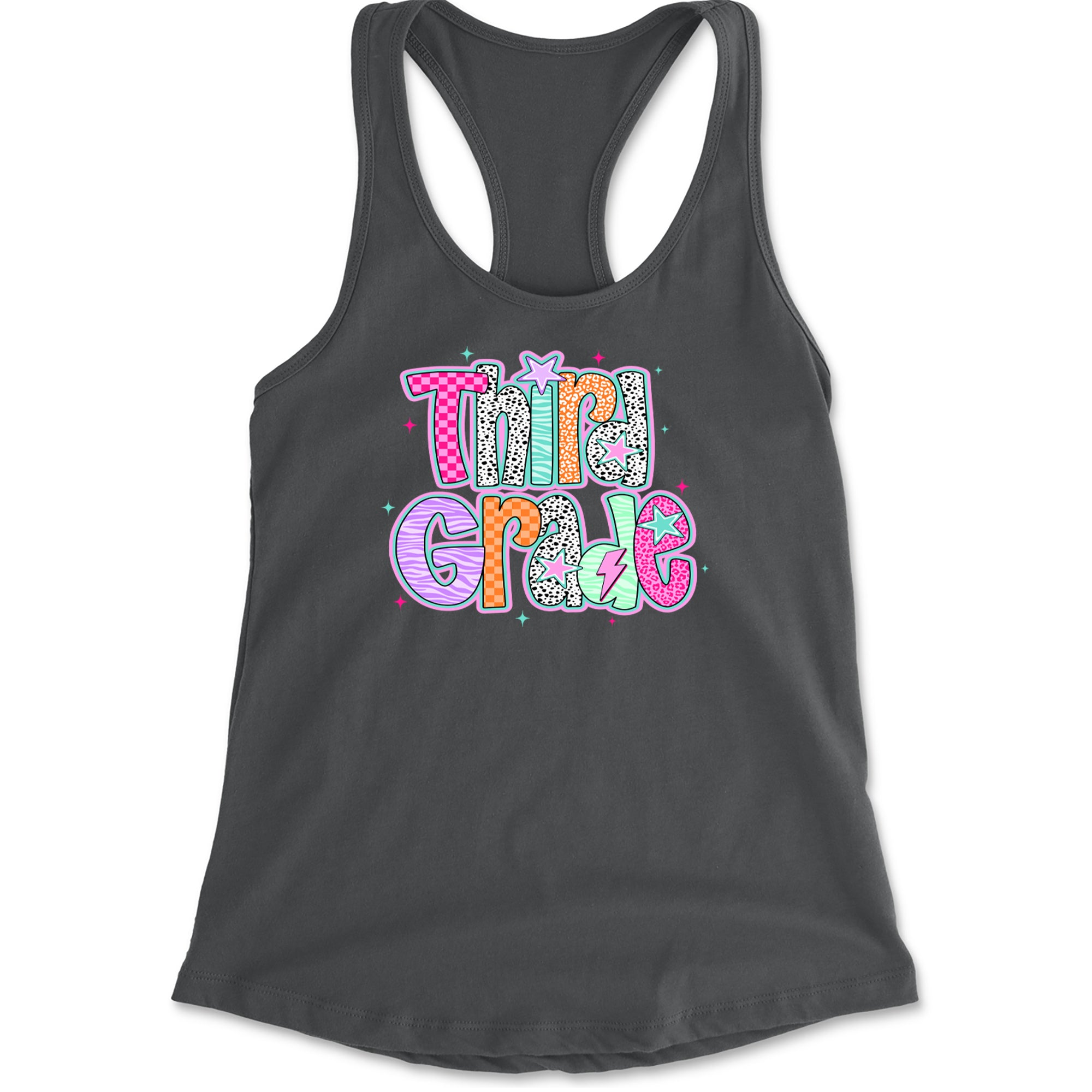 Third Grade Thunder Colorful Back to School Racerback Tank Top for Women Charcoal Grey