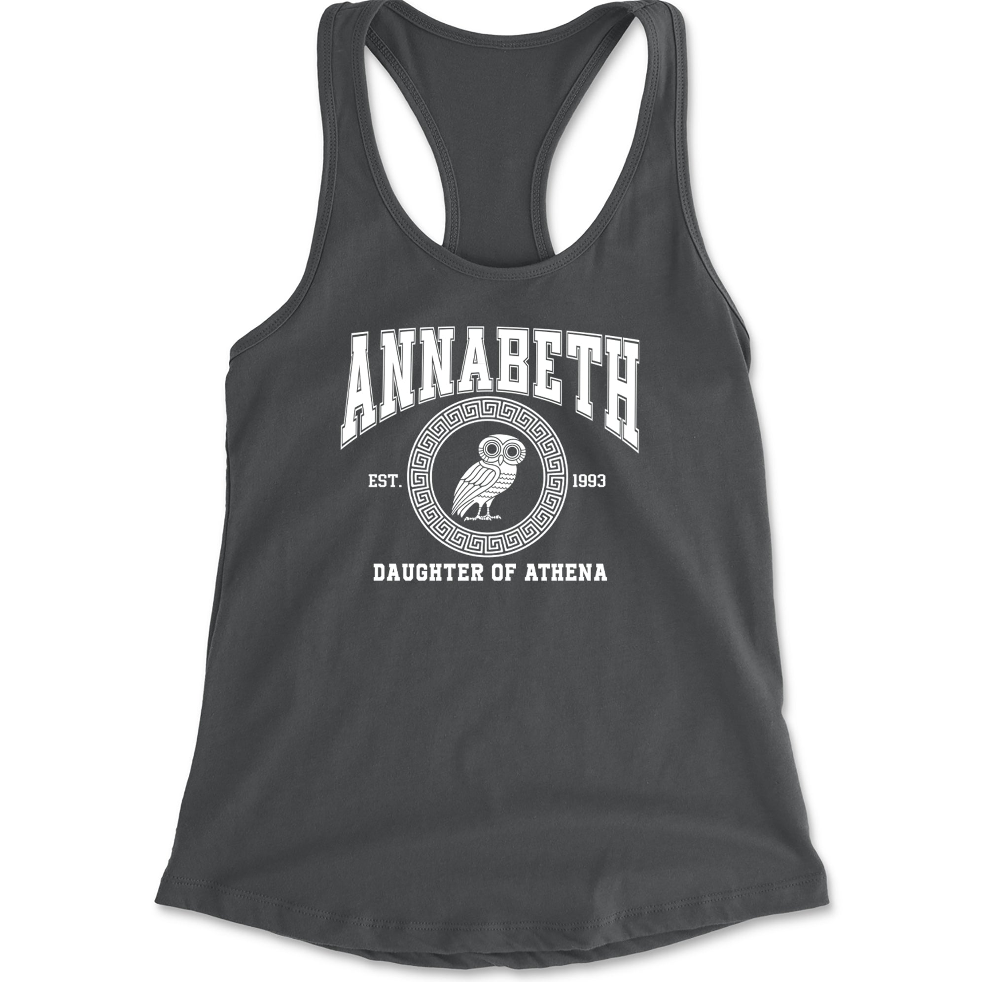 Annabeth Daughter of Athena Owl Wisdom Racerback Tank Top for Women Charcoal Grey