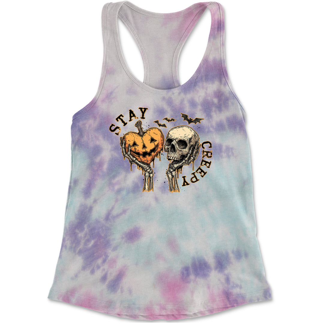 Stay Creepy Skull and Pumpkin Halloween Racerback Tank Top for Women Cotton Candy