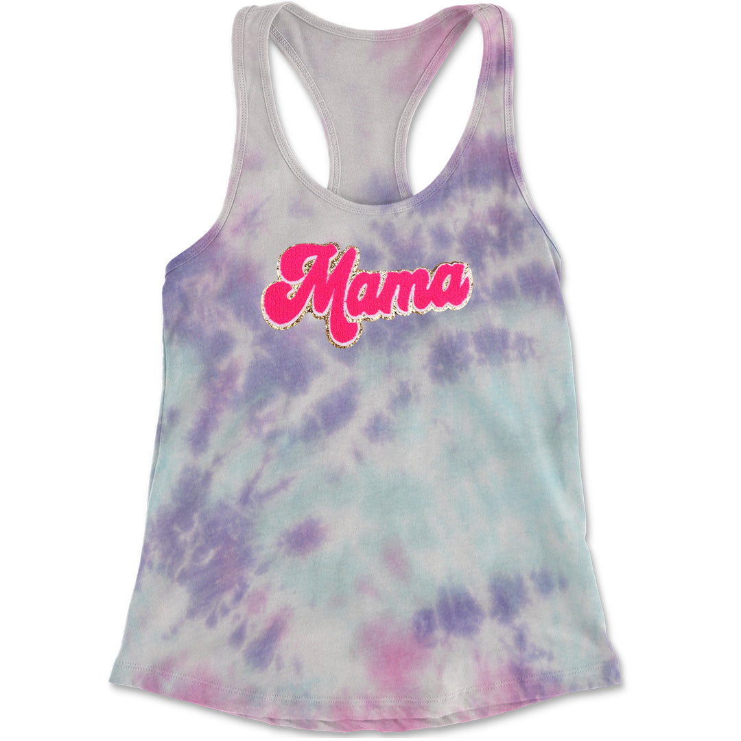 Mama Hot Pink Glitter Chenille Patch Racerback Tank Top for Women Cotton Candy
