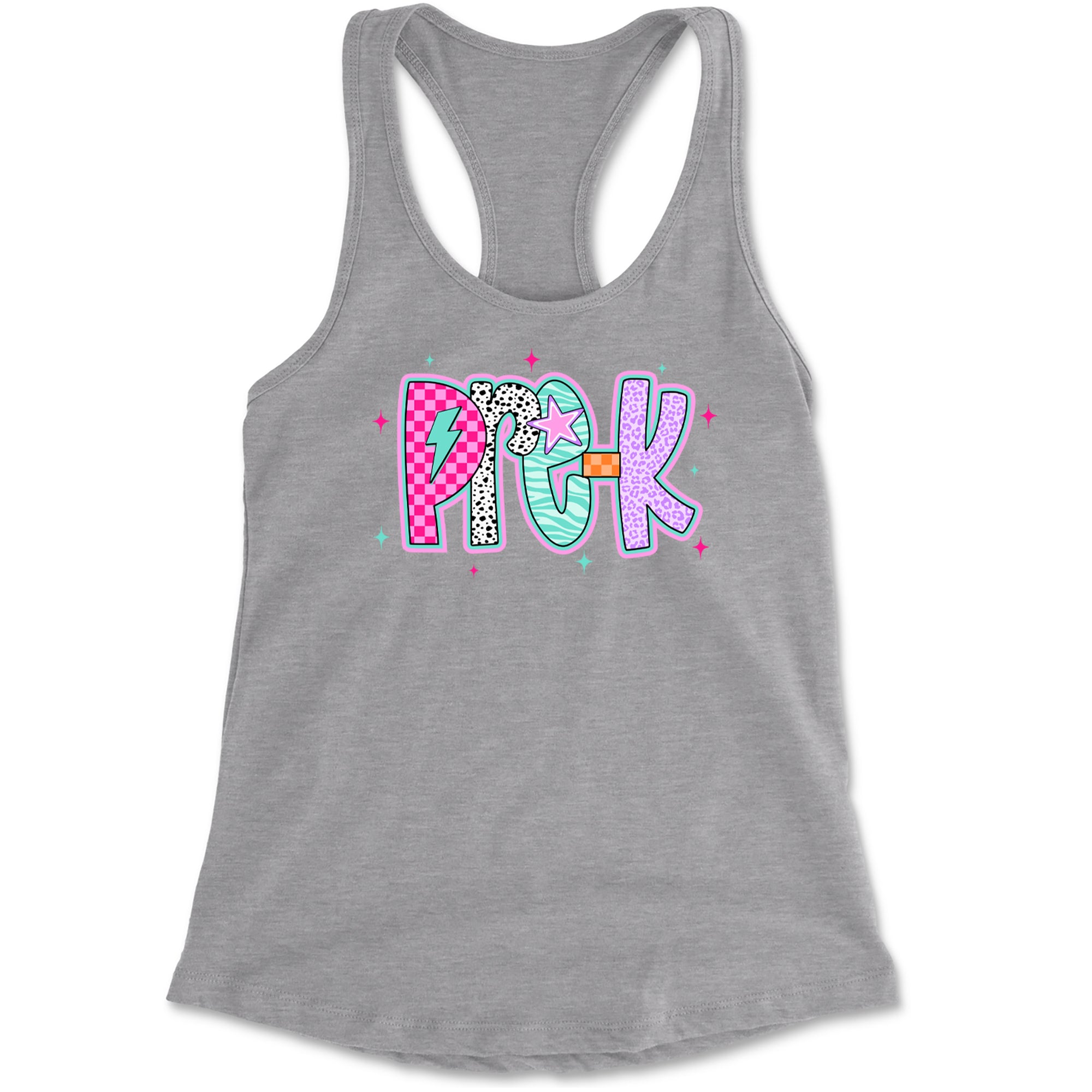 Pre-K Party Time Colorful Back to School Racerback Tank Top for Women Heather Grey