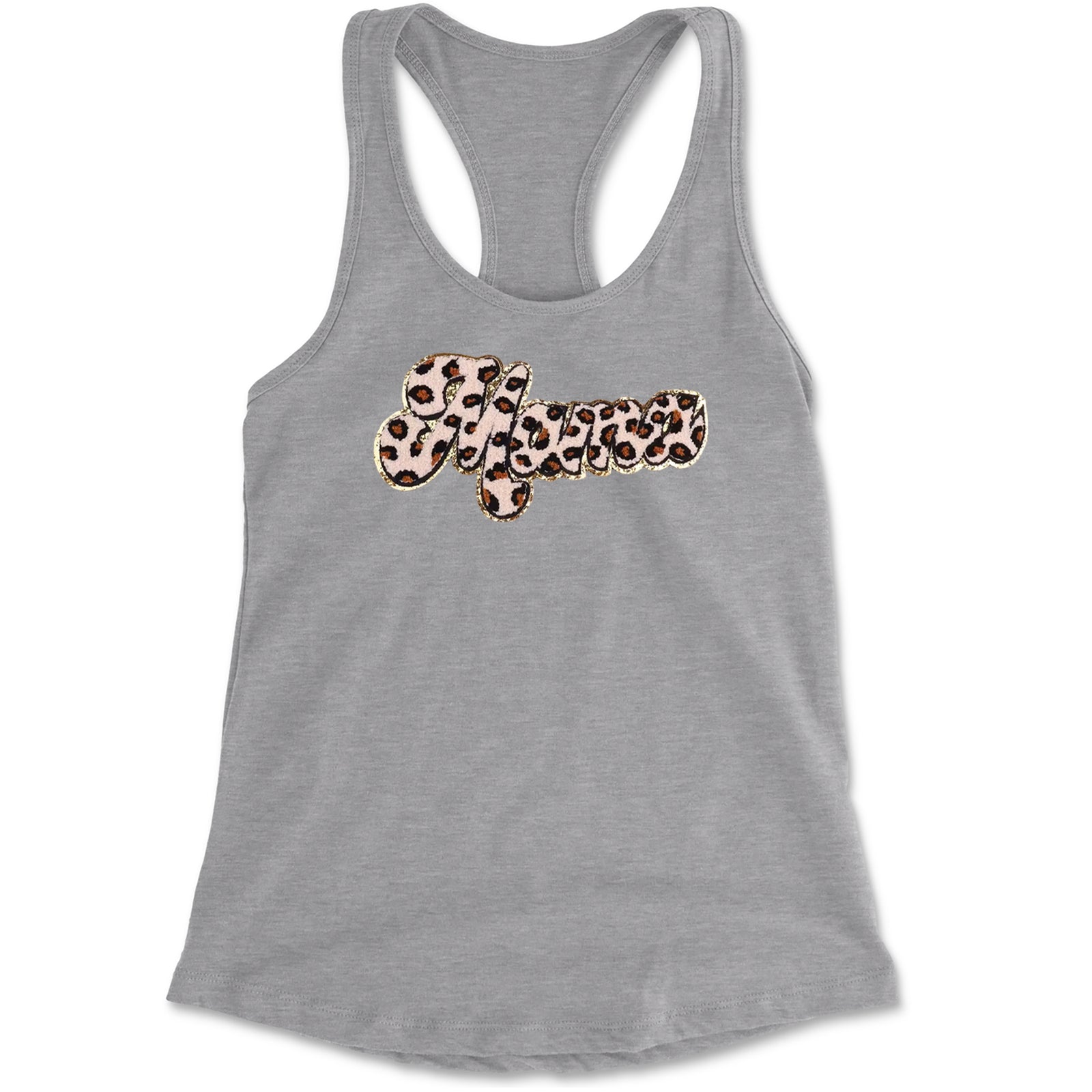 Mama Cheetah Print Glitter Chenille Patch Racerback Tank Top for Women Black