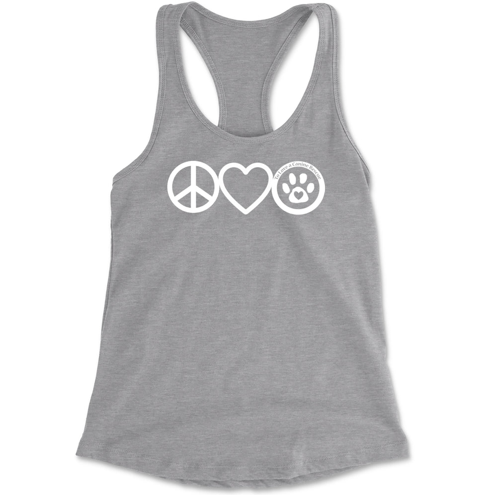 Peace, Love and TLC Dog Rescue Racerback Tank Top for Women Heather Grey