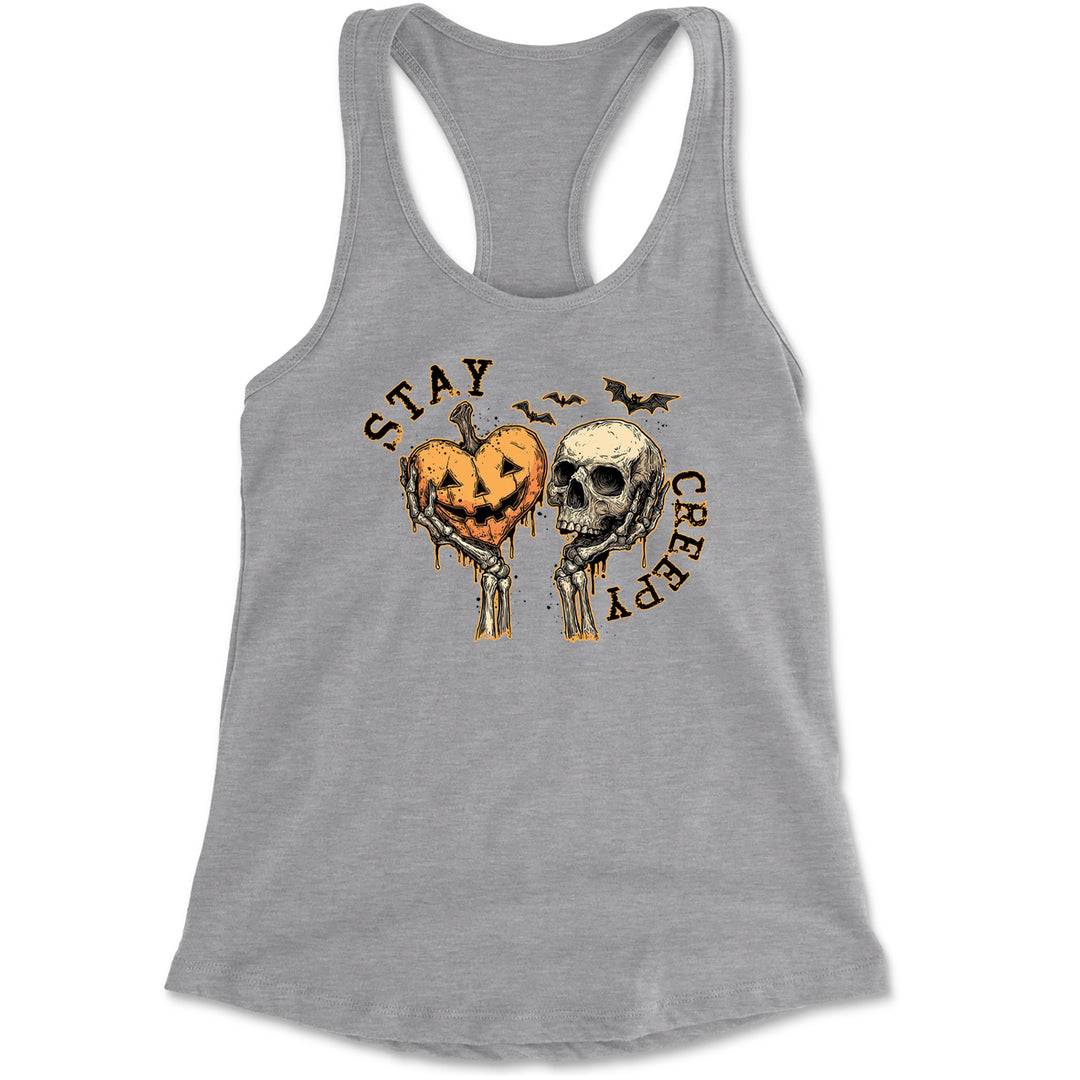 Stay Creepy Skull and Pumpkin Halloween Racerback Tank Top for Women Heather Grey