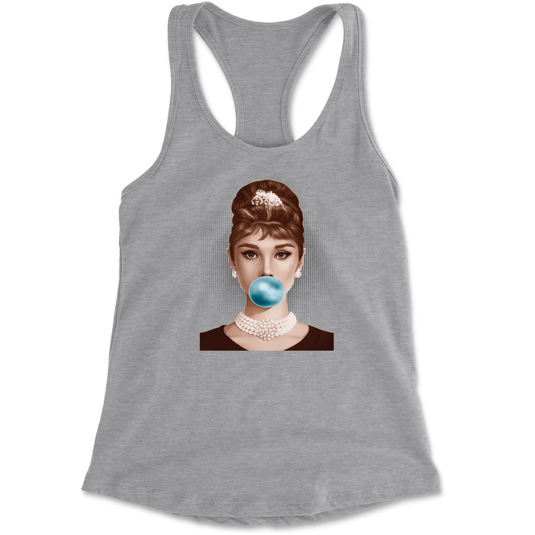 Audrey Hepburn Chewing Bubble Gum American Icon Racerback Tank Top for Women Heather Grey