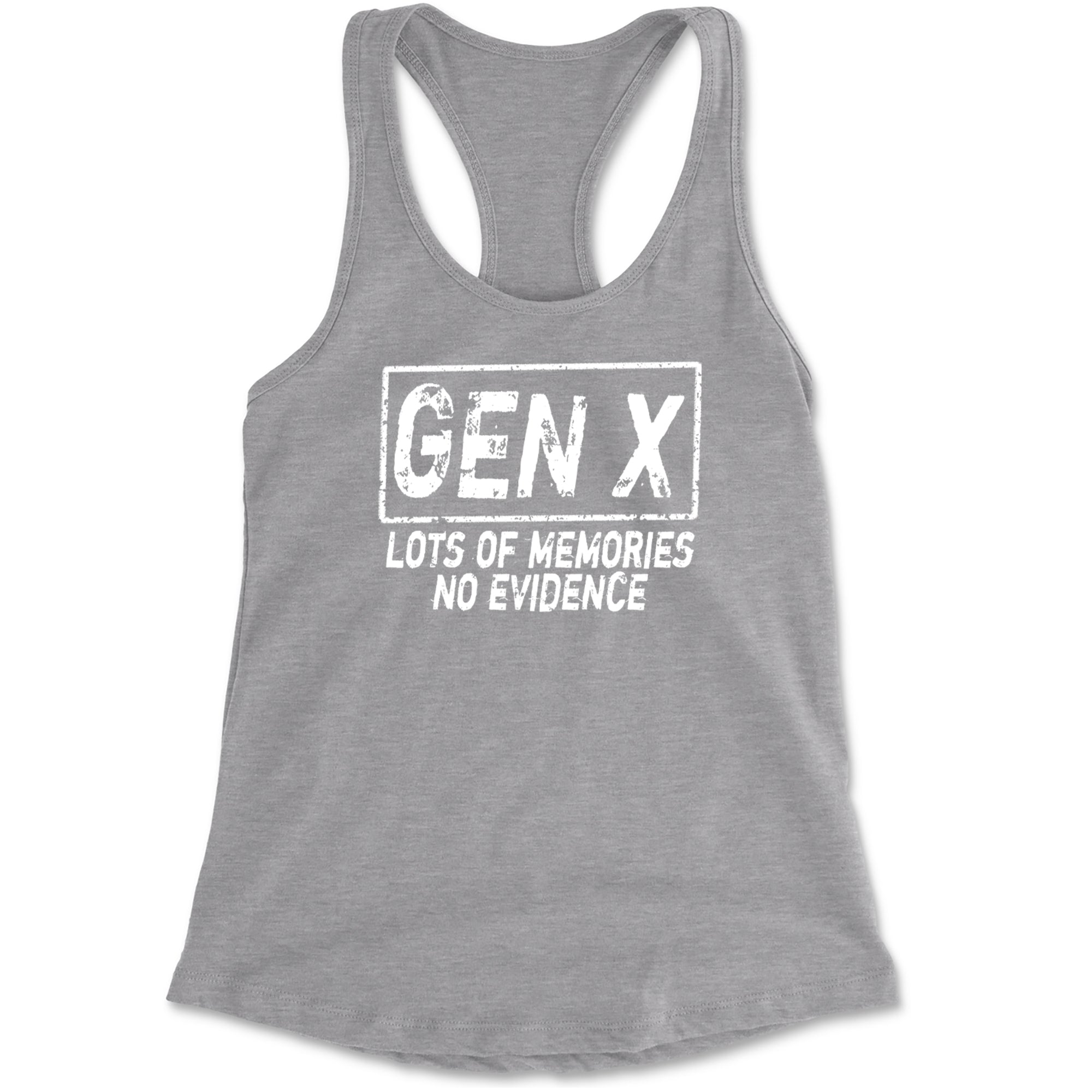Gen X Lots of Memories No Evidence Nostalgia Racerback Tank Top for Women Heather Grey