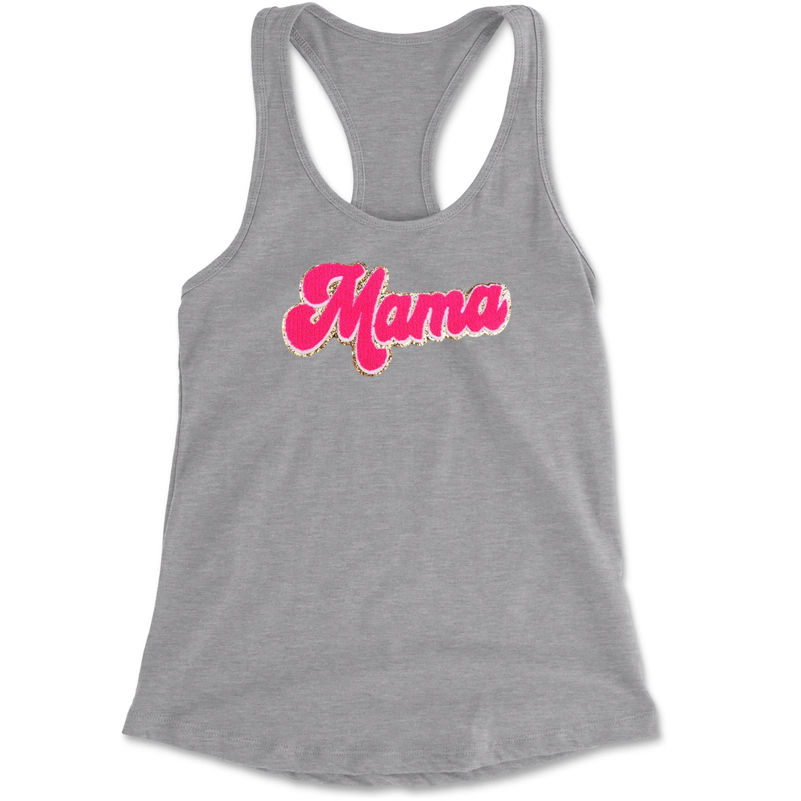 Mama Hot Pink Glitter Chenille Patch Racerback Tank Top for Women Heather Grey