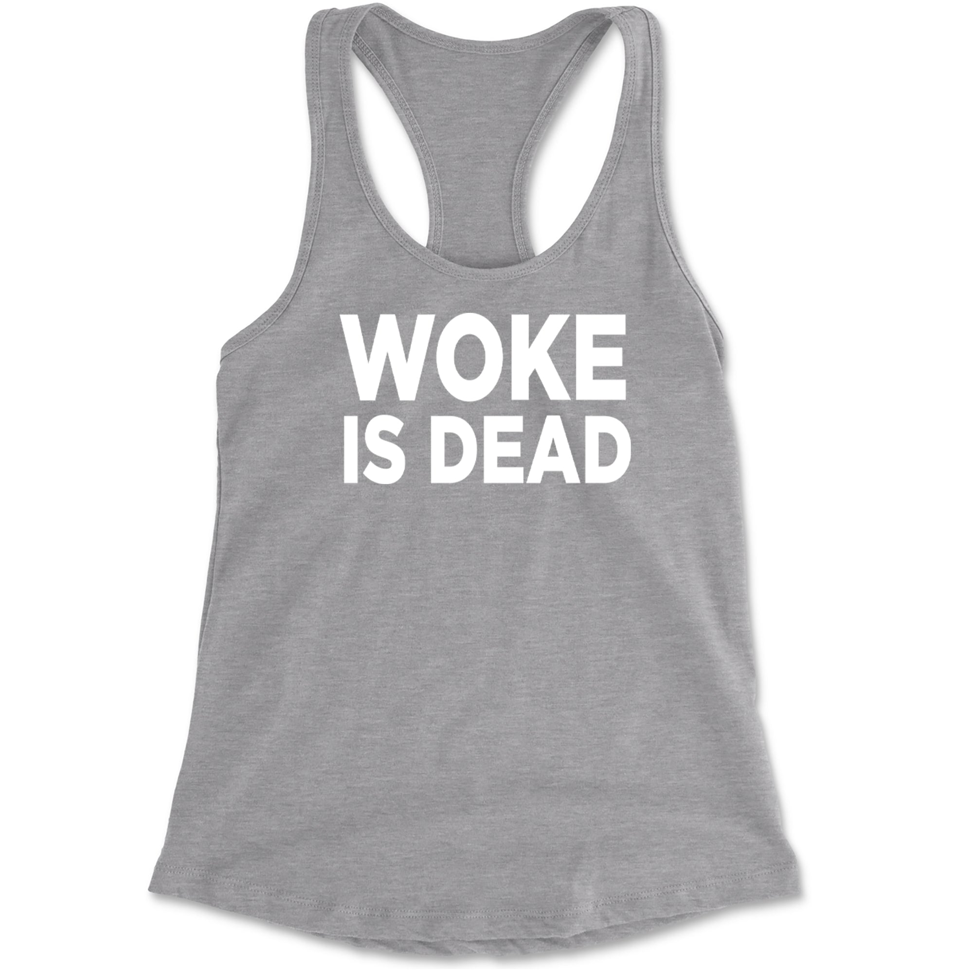 Woke Is Dead Satire Racerback Tank Top for Women Heather Grey