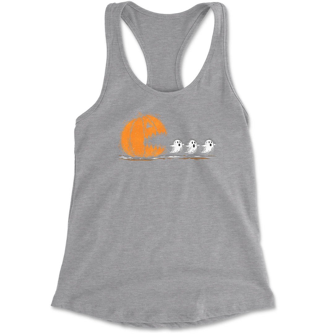 Pumpkin Pacman Chasing Ghosts Halloween Racerback Tank Top for Women Heather Grey