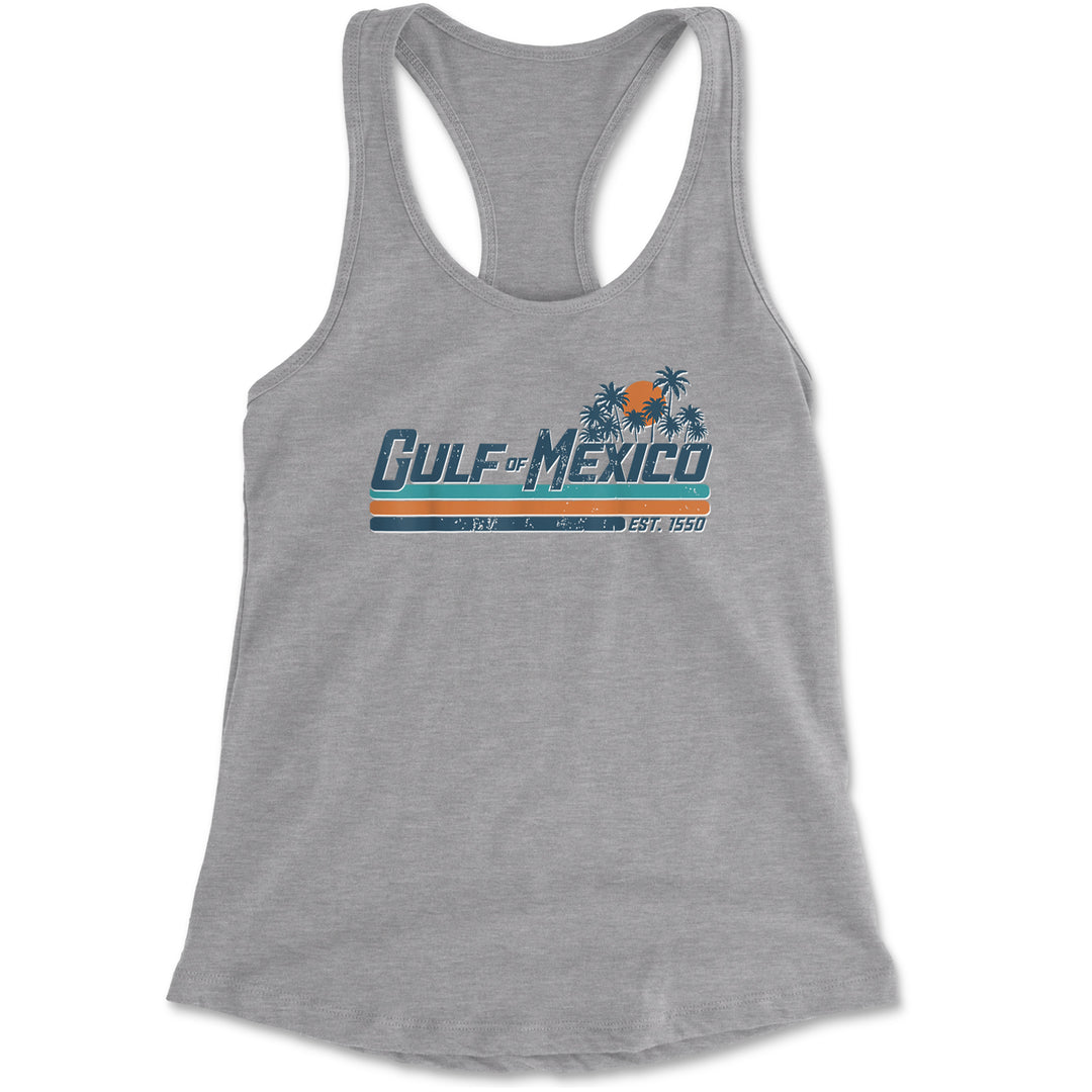 Women's lightweight racerback tank with beachy sunset and palm graphic reading "Gulf of Mexico" and "EST. 1550"