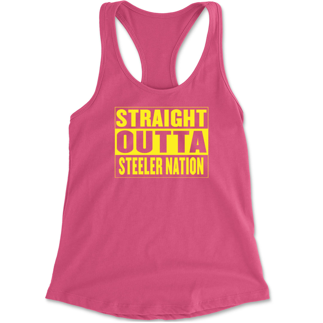 Straight Outta Steeler Nation Football graphic on Women's Lightweight Racerback Tank in Hot Pink