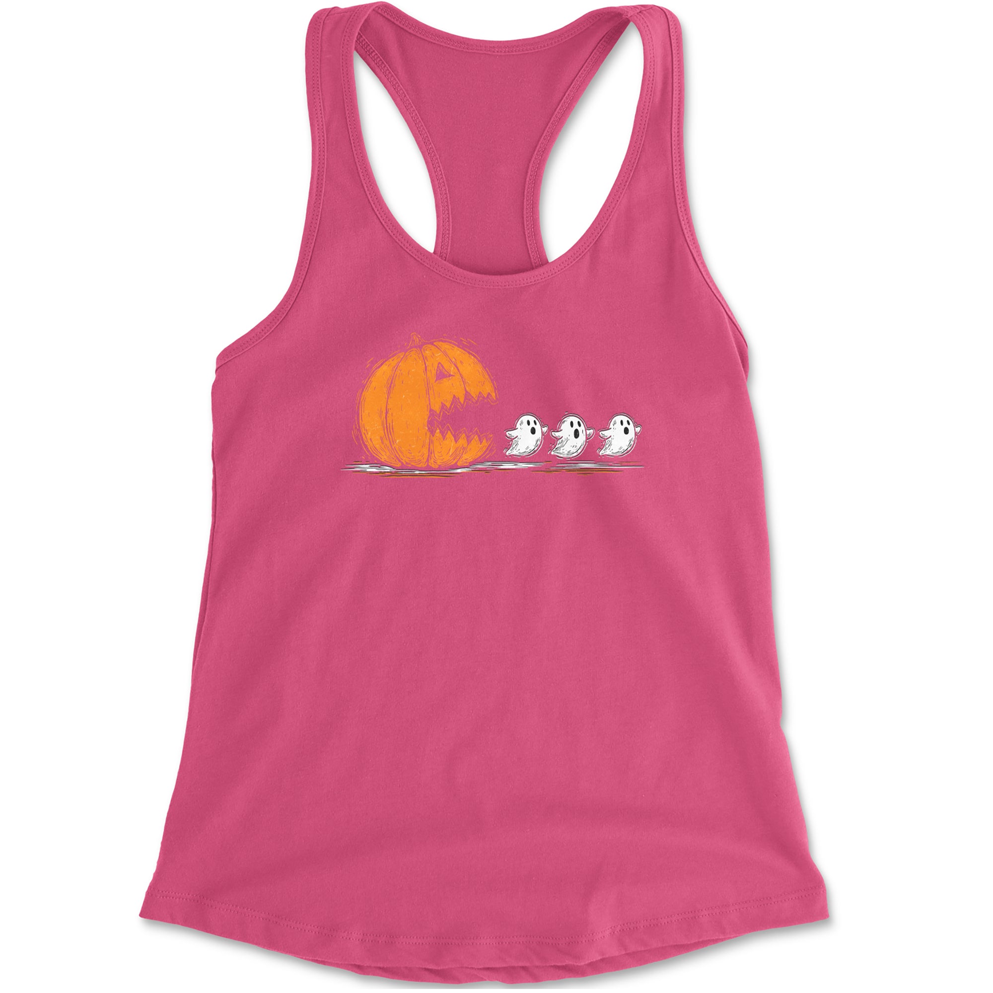 Pumpkin Pacman Chasing Ghosts Halloween Racerback Tank Top for Women Hot Pink