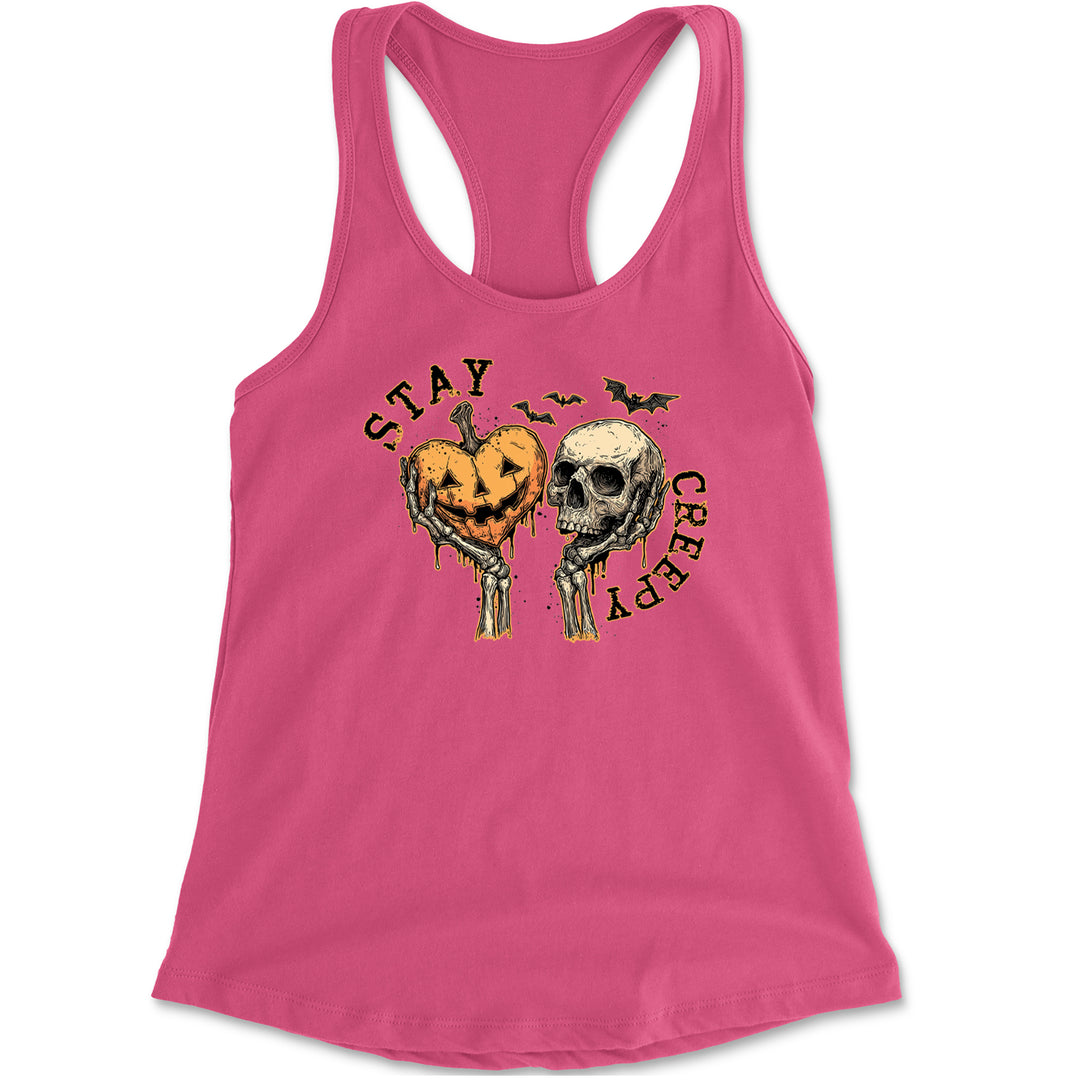 Stay Creepy Skull and Pumpkin Halloween Racerback Tank Top for Women Hot Pink