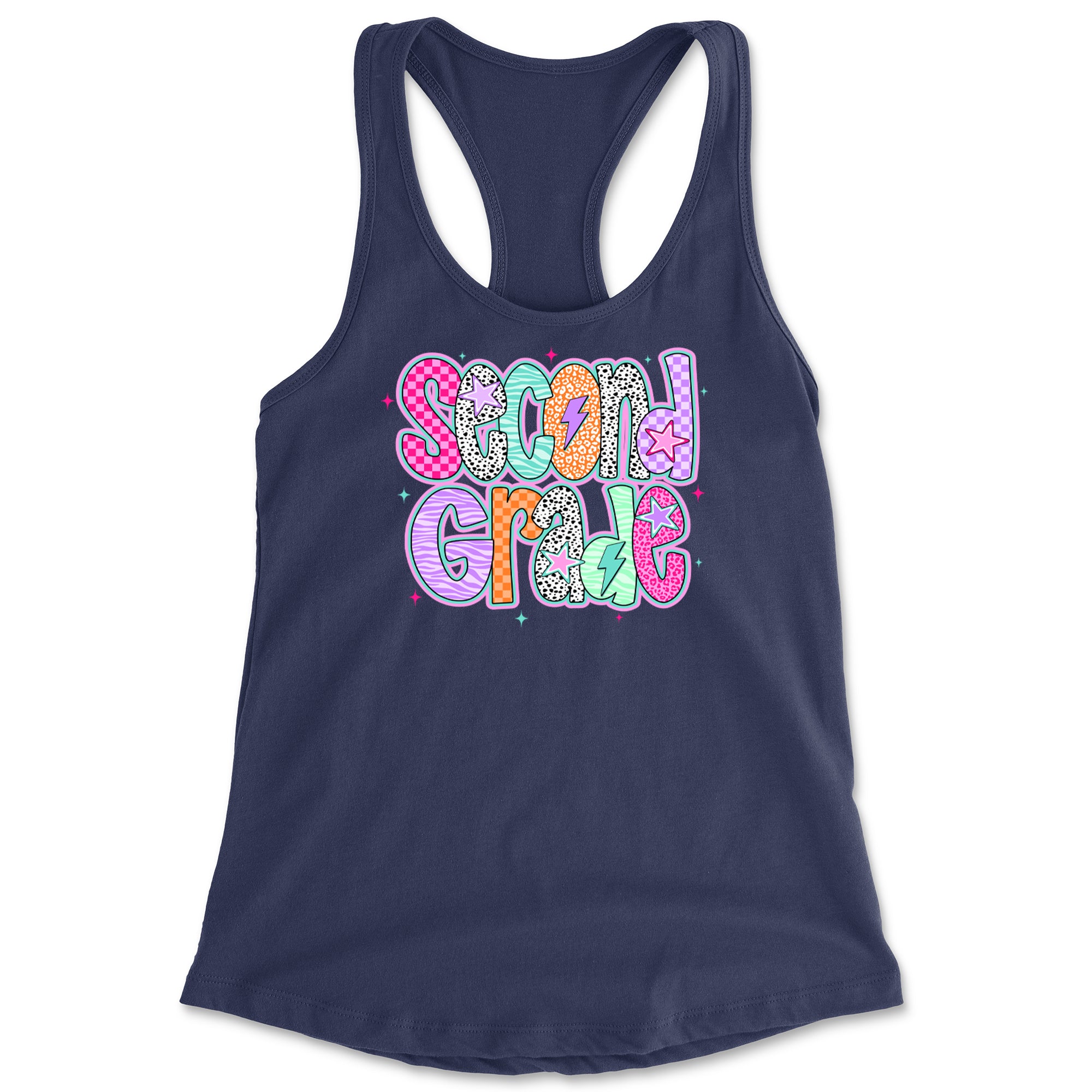 Second Grade Star Colorful Back to School Racerback Tank Top for Women Navy Blue