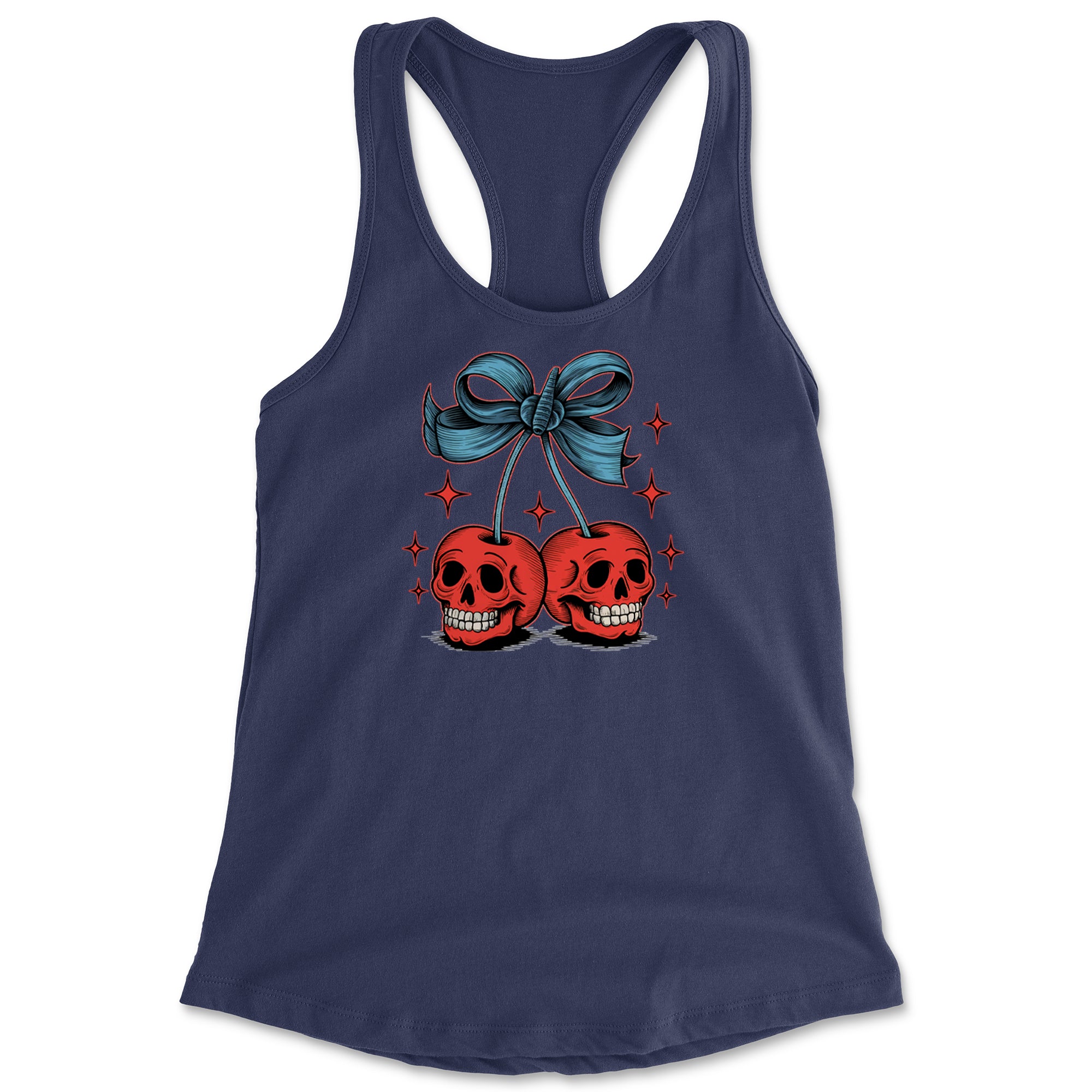 Cherry Skulls Retro Tattoo Racerback Tank Top for Women Navy Blue