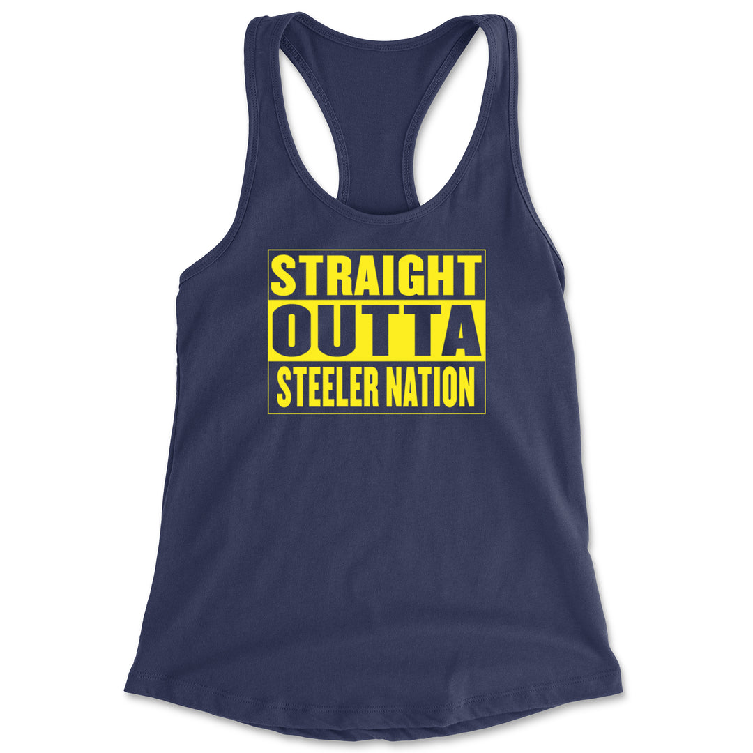 Straight Outta Steeler Nation Football graphic on Women's Lightweight Racerback Tank in Navy Blue