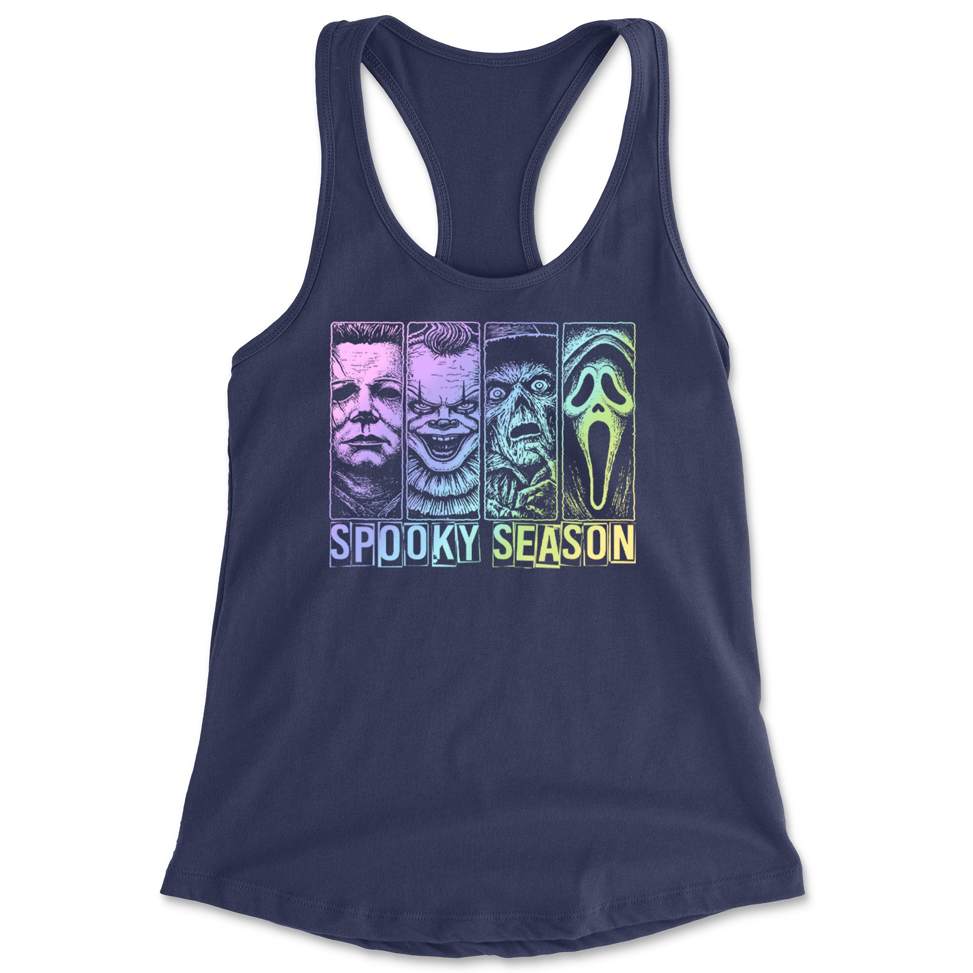 Spooky Season Horror Icons Halloween Racerback Tank Top for Women Navy Blue