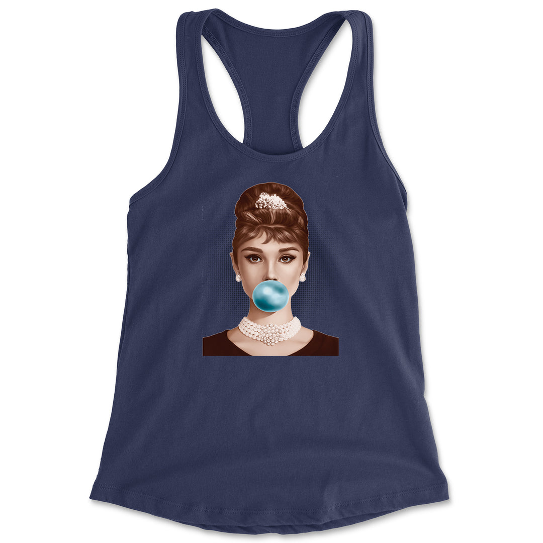 Audrey Hepburn Chewing Bubble Gum American Icon Racerback Tank Top for Women Navy Blue