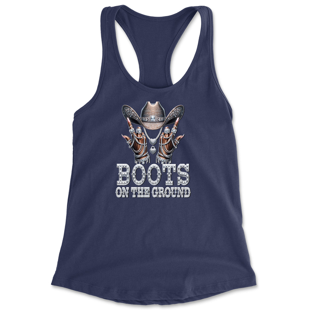 Boots On The Ground Bling Racerback Tank Top for Women Navy Blue