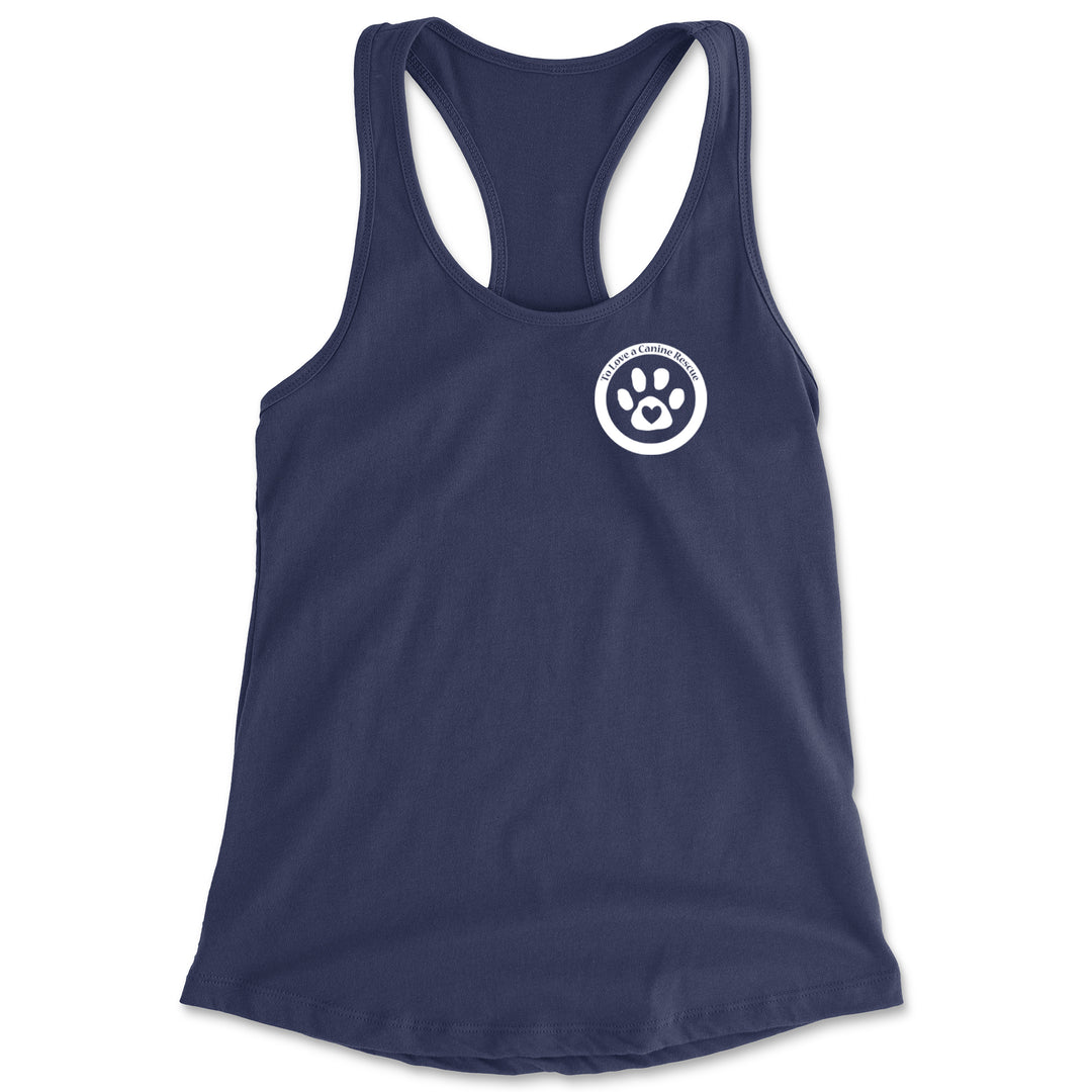 TLC To Love a Canine Dog Rescue White Racerback Tank Top for Women Navy Blue