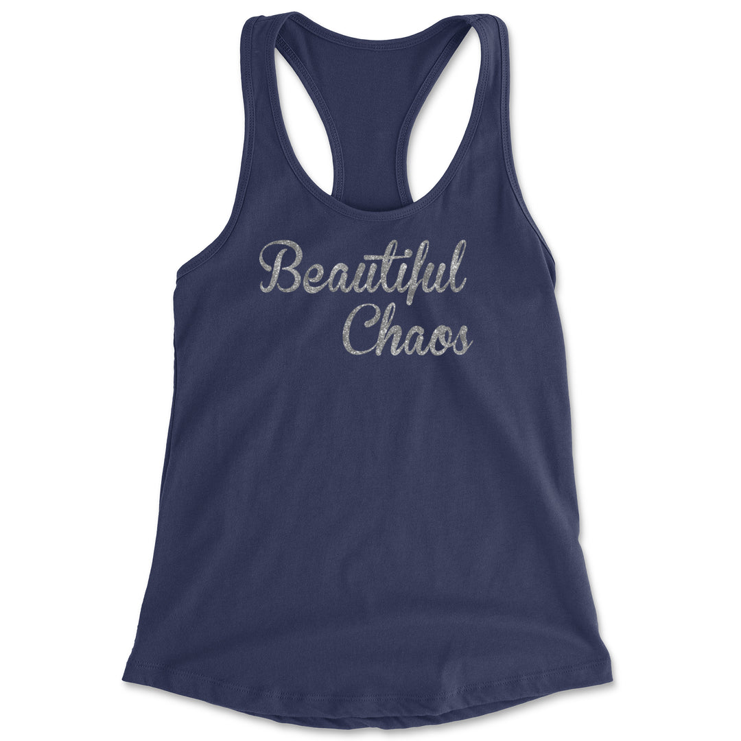 Beautiful Chaos Glitter Music Festival Racerback Tank Top for Women Navy Blue