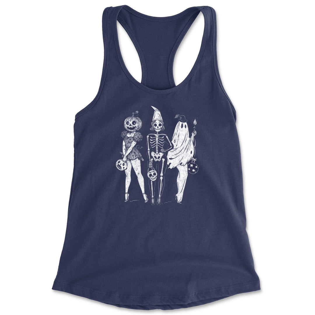 Vintage Spooky Squad Pinup Halloween Design Racerback Tank Top for Women Navy Blue