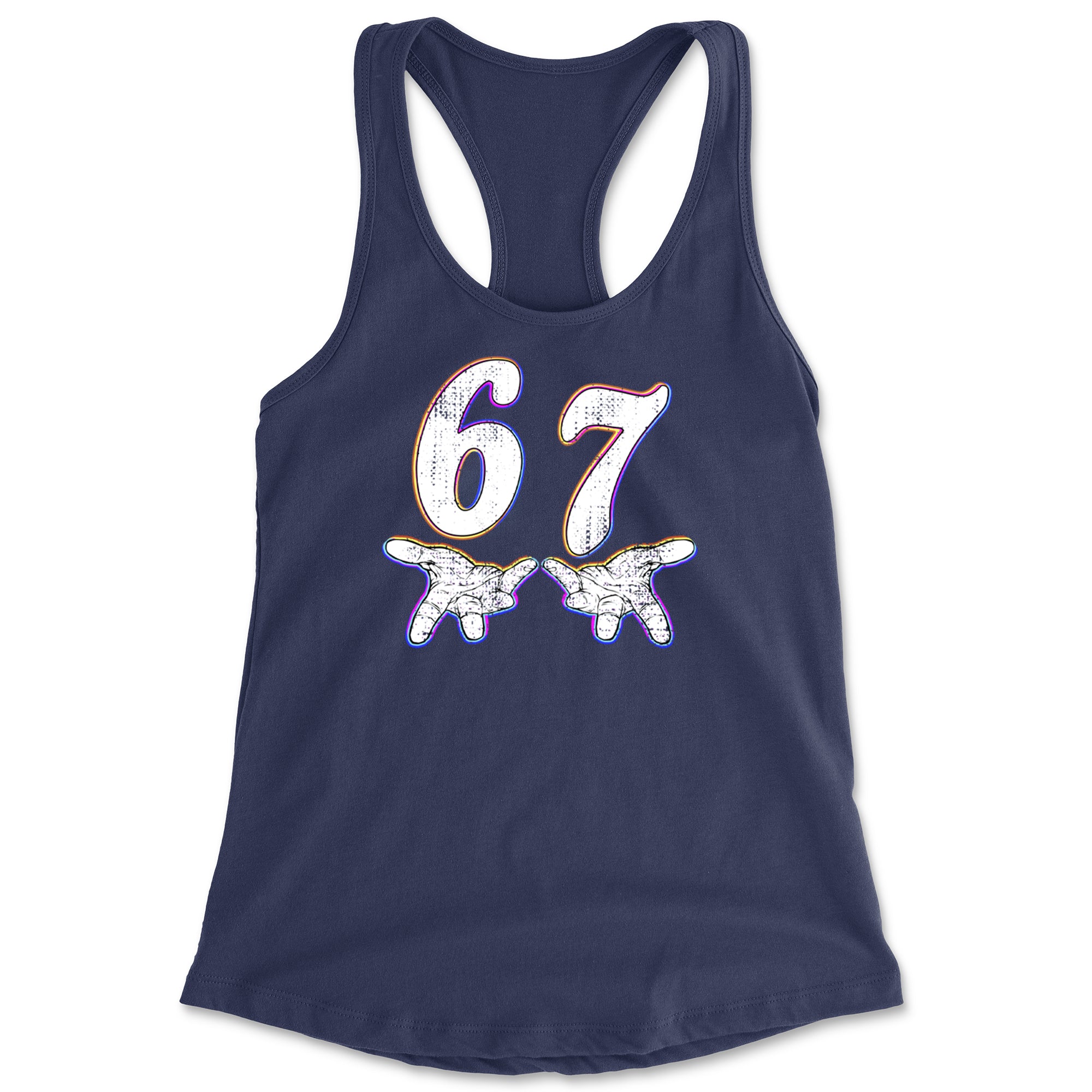 67 Hands Meme Viral Drill Racerback Tank Top for Women Navy Blue