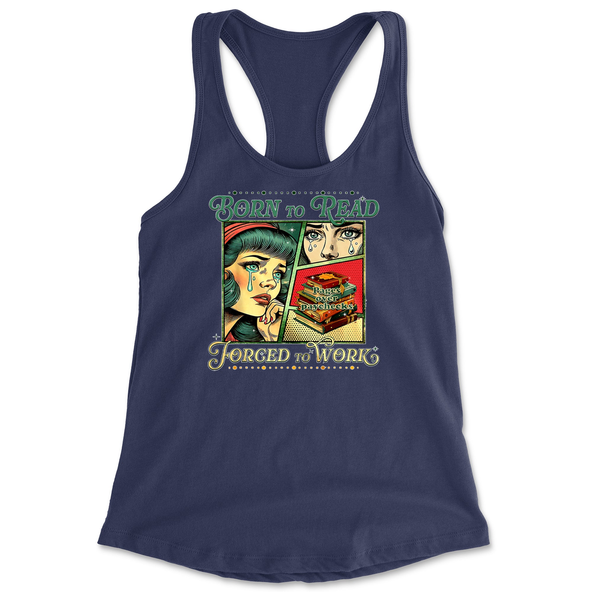 Born To Read, Forced To Work Racerback Tank Top for Women Navy Blue