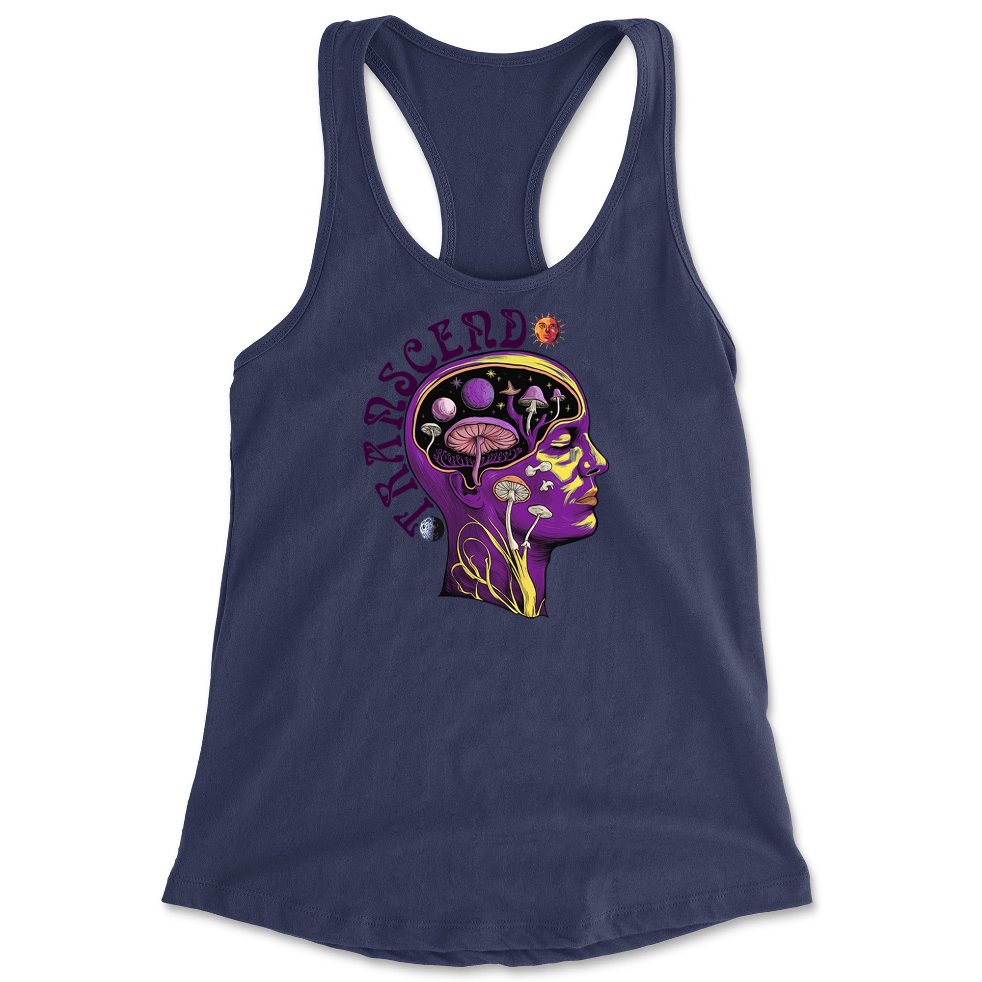 Psychedelic Cosmic Mushroom Head Racerback Tank Top for Women Navy Blue