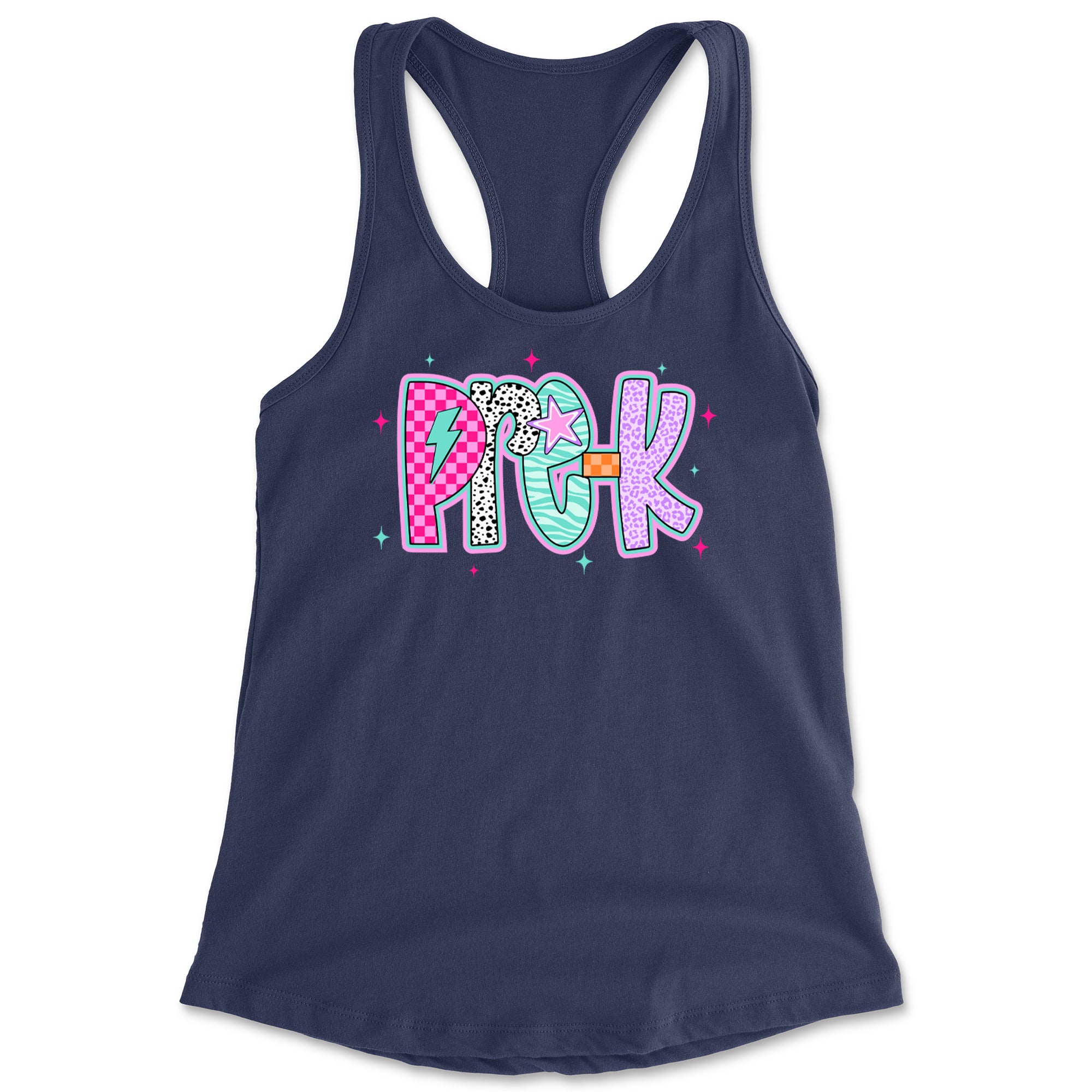 Pre-K Party Time Colorful Back to School Racerback Tank Top for Women Navy Blue