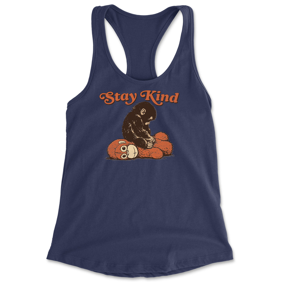 Punch Stay Kind Macaque Racerback Tank Top for Women Navy Blue