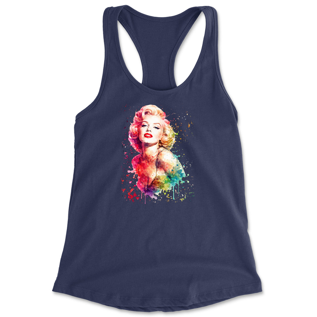 Mrs. Monroe Watercolors Bombshell Racerback Tank Top for Women Navy Blue