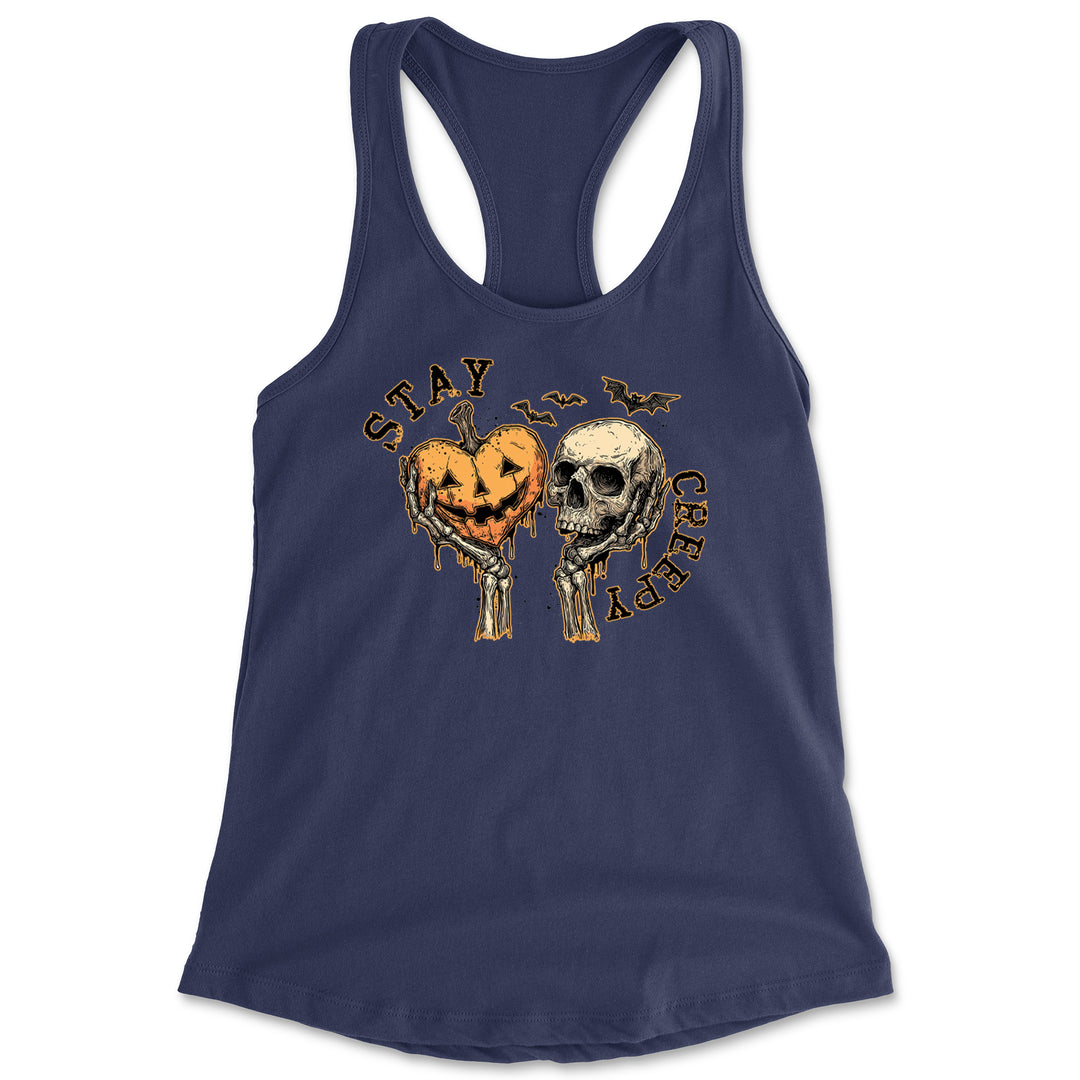 Stay Creepy Skull and Pumpkin Halloween Racerback Tank Top for Women Navy Blue