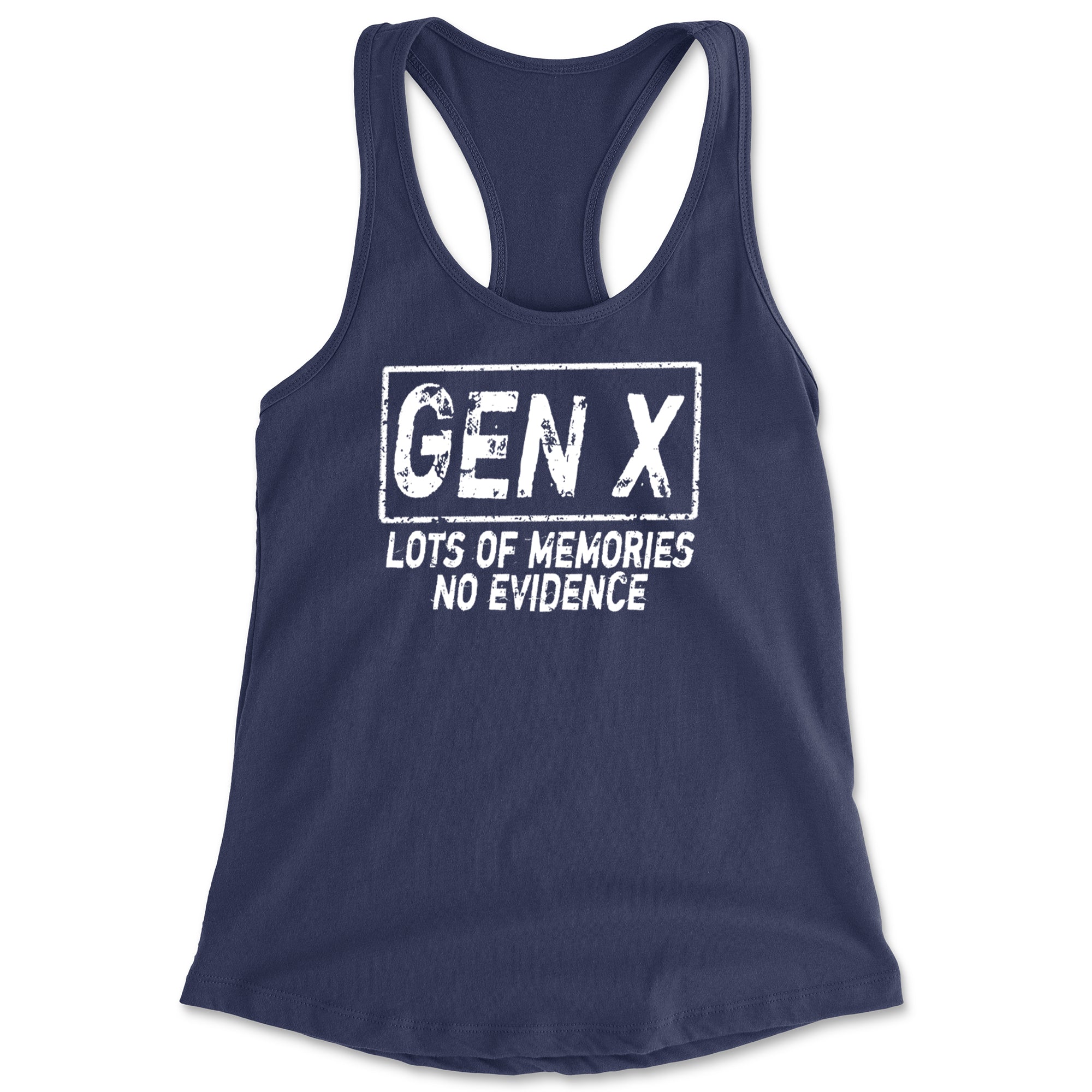 Gen X Lots of Memories No Evidence Nostalgia Racerback Tank Top for Women Navy Blue