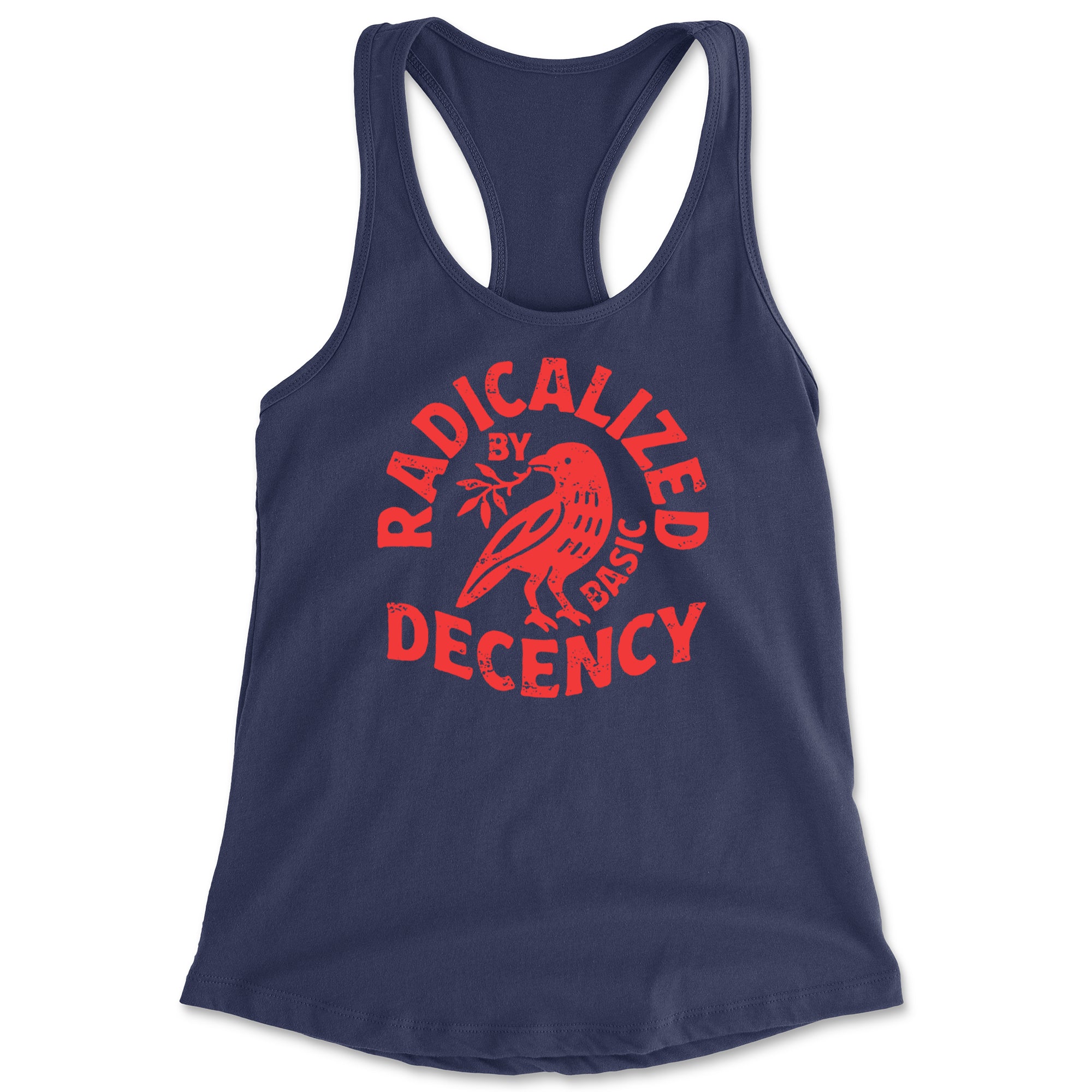 Radicalized by Basic Decency Dove Protest Statement Racerback Tank Top for Women Navy Blue