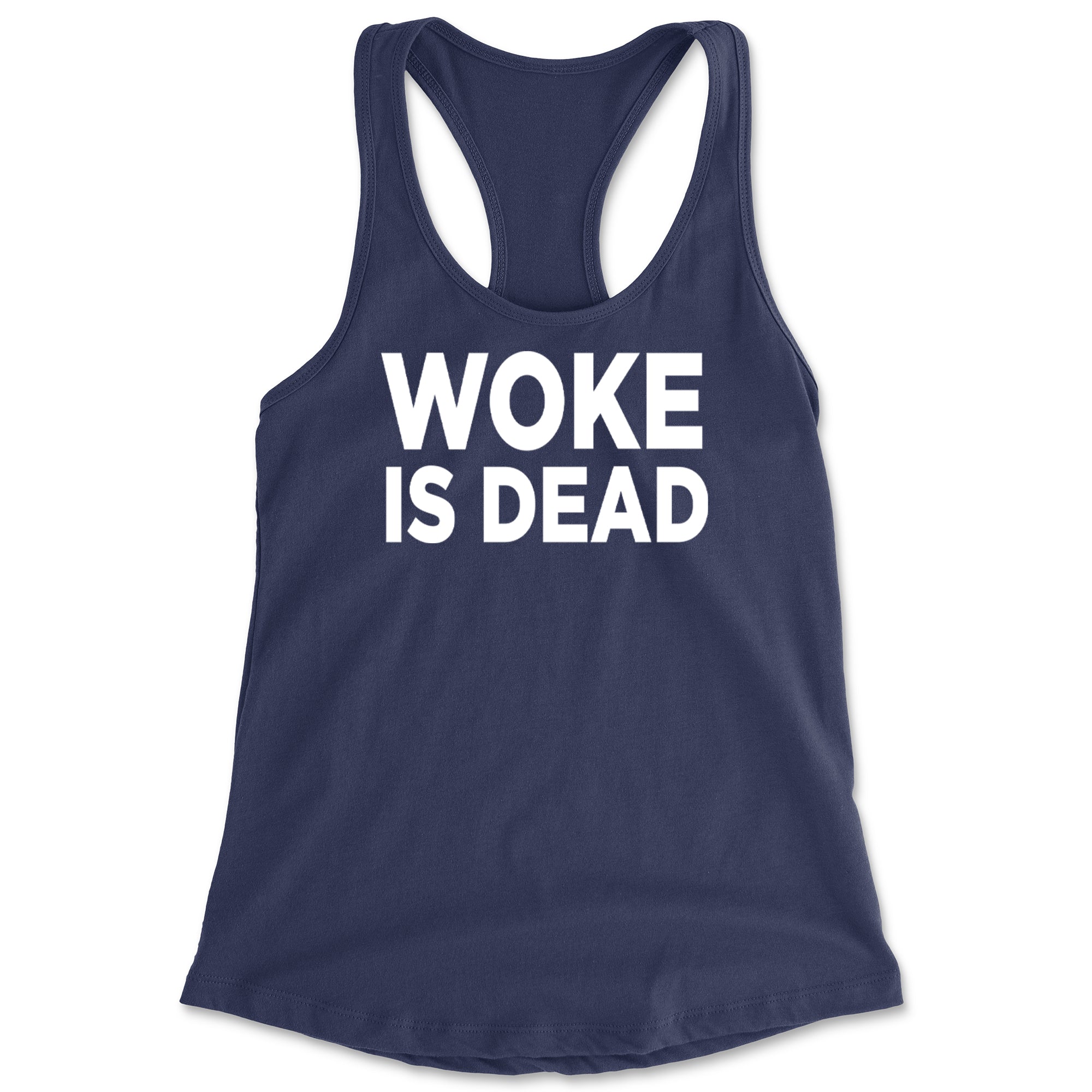Woke Is Dead Satire Racerback Tank Top for Women Navy Blue