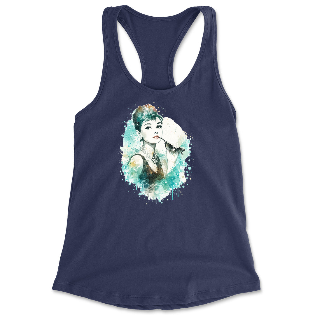 Mrs. Herpburn Iconic Watercolors Racerback Tank Top for Women Navy Blue