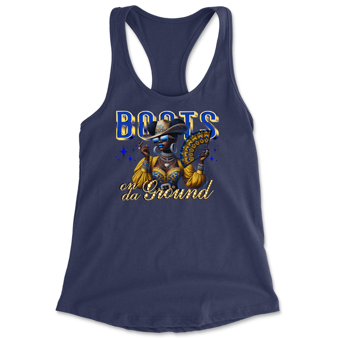 Boots On Da Ground Folding Fan Racerback Tank Top for Women Navy Blue