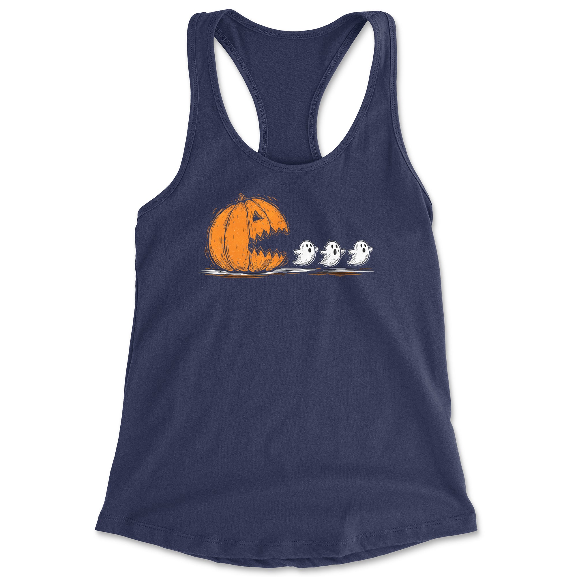 Pumpkin Pacman Chasing Ghosts Halloween Racerback Tank Top for Women Navy Blue