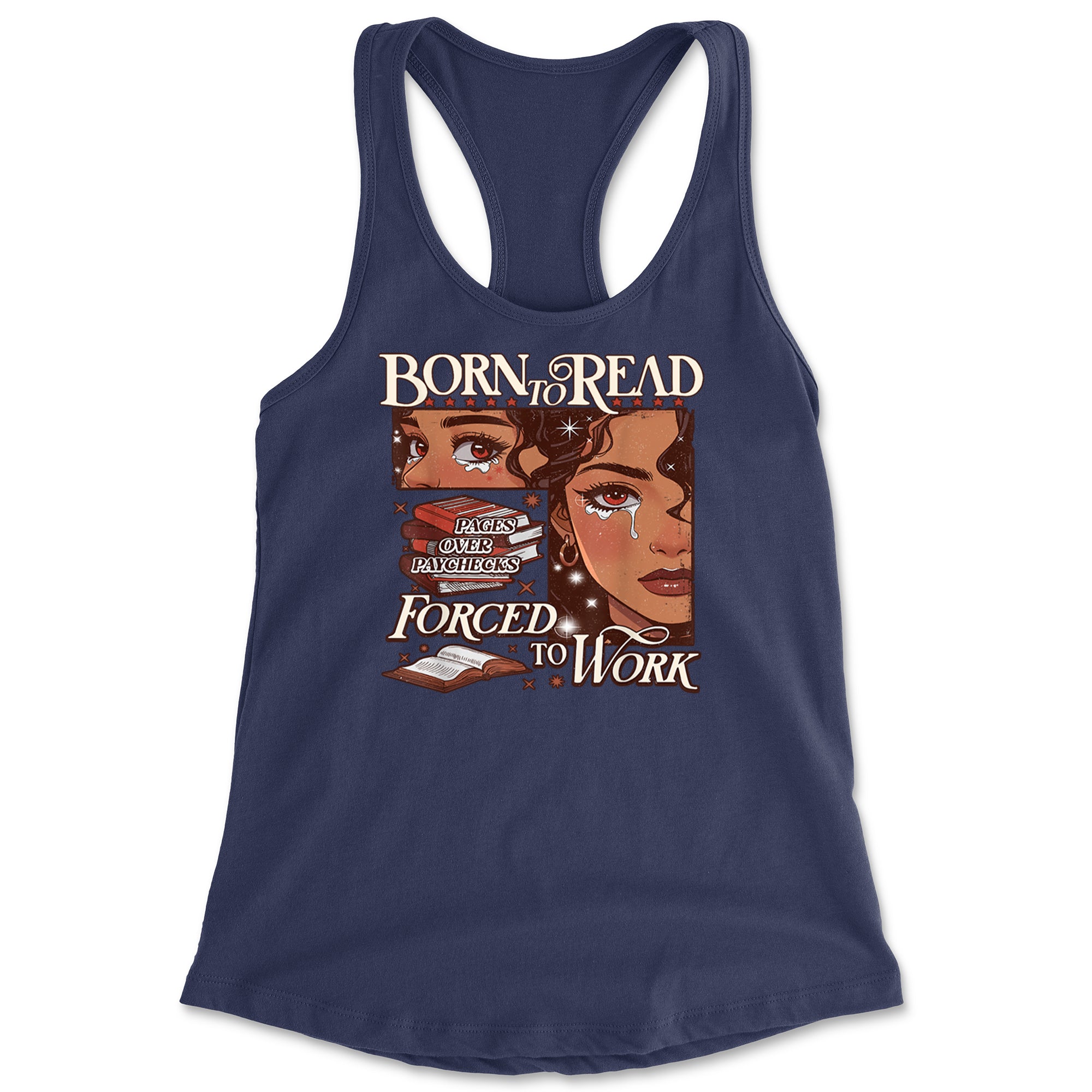 Born To Read Pages Over Paychecks Racerback Tank Top for Women Navy Blue