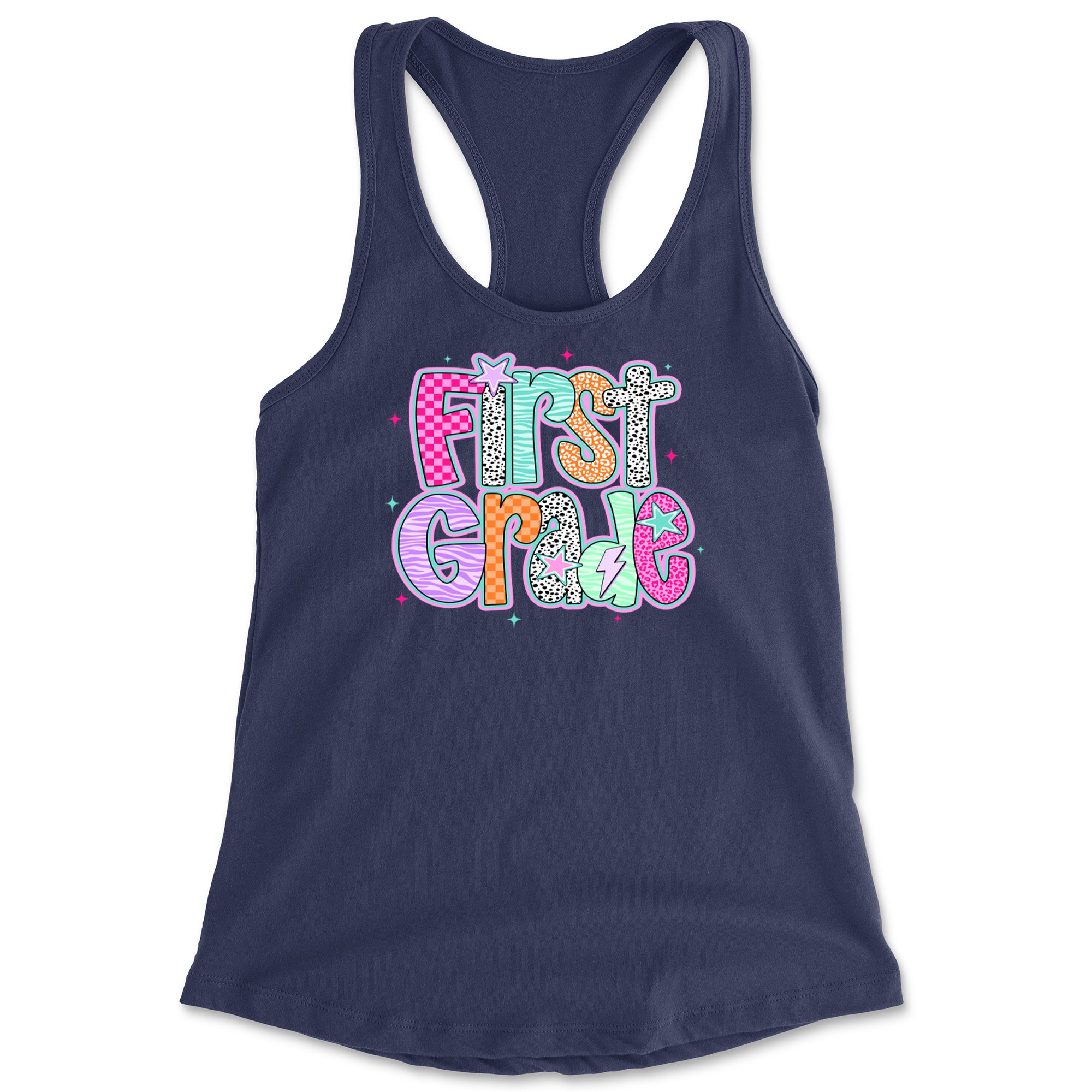 First Grade Vibes Colorful Back to School Racerback Tank Top for Women Navy Blue