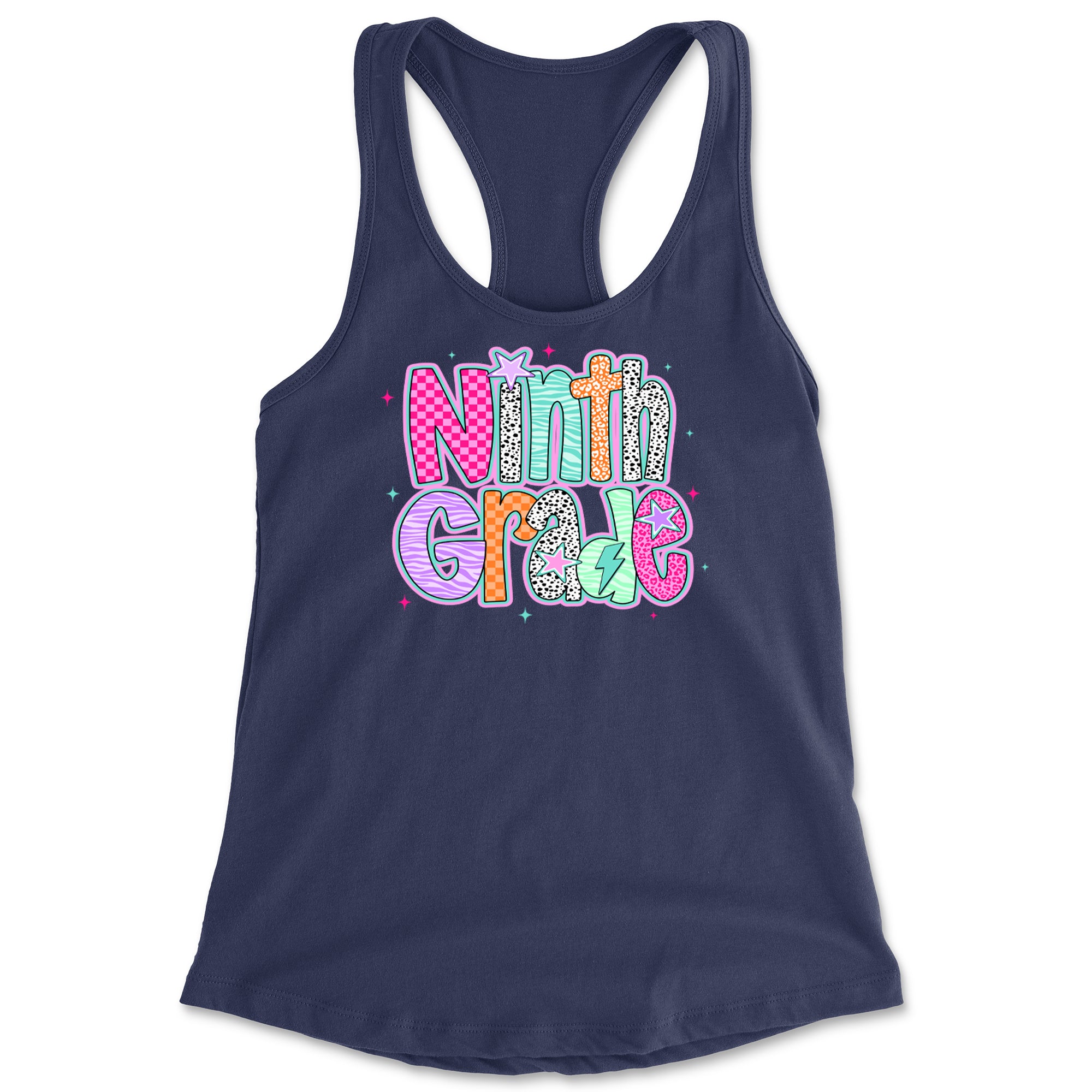 Ninth Grade Freshman Vibes Colorful Back to School Racerback Tank Top for Women Navy Blue