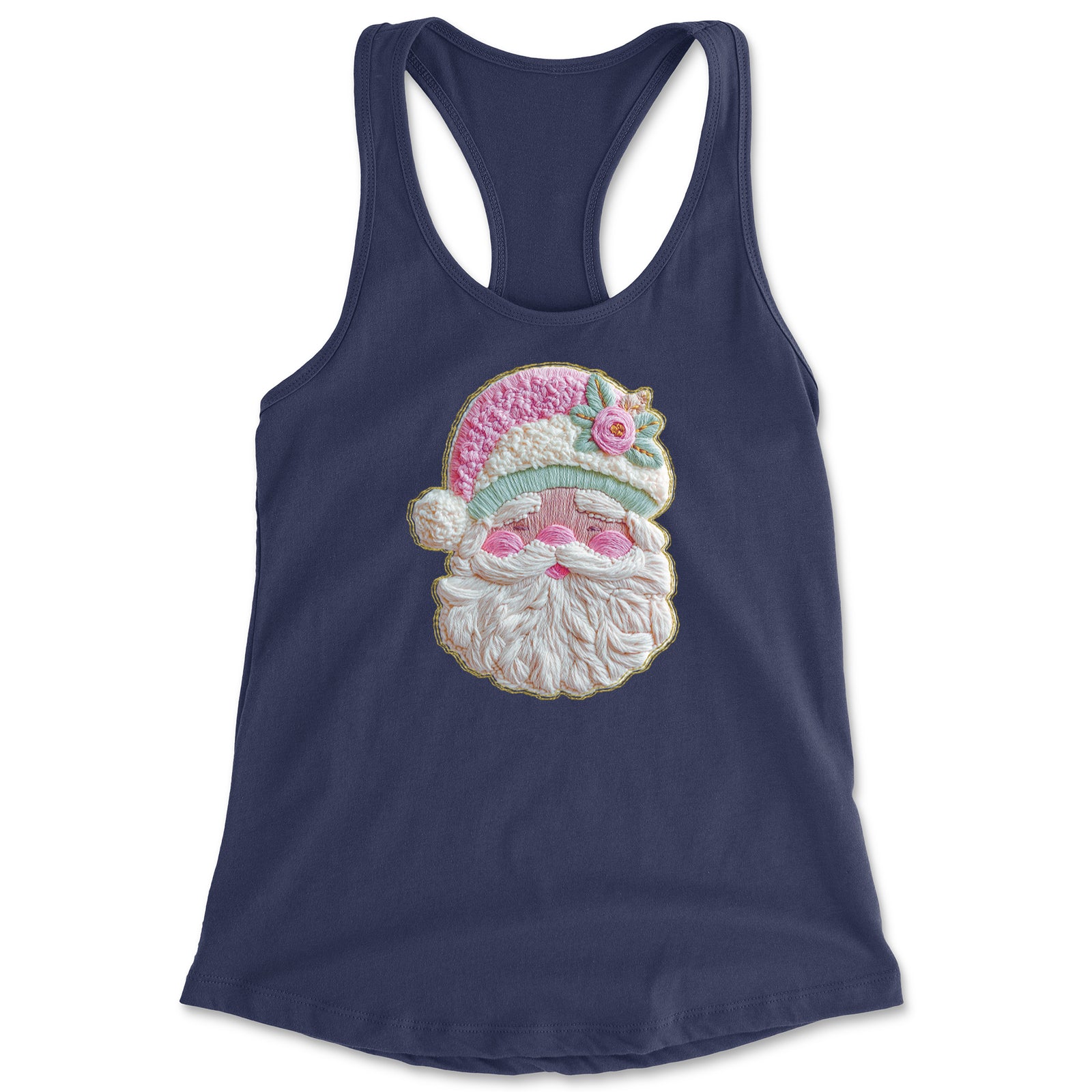 Vintage Santa Embroidery Art Soft Cottagecore Racerback Tank Top for Women Navy Blue