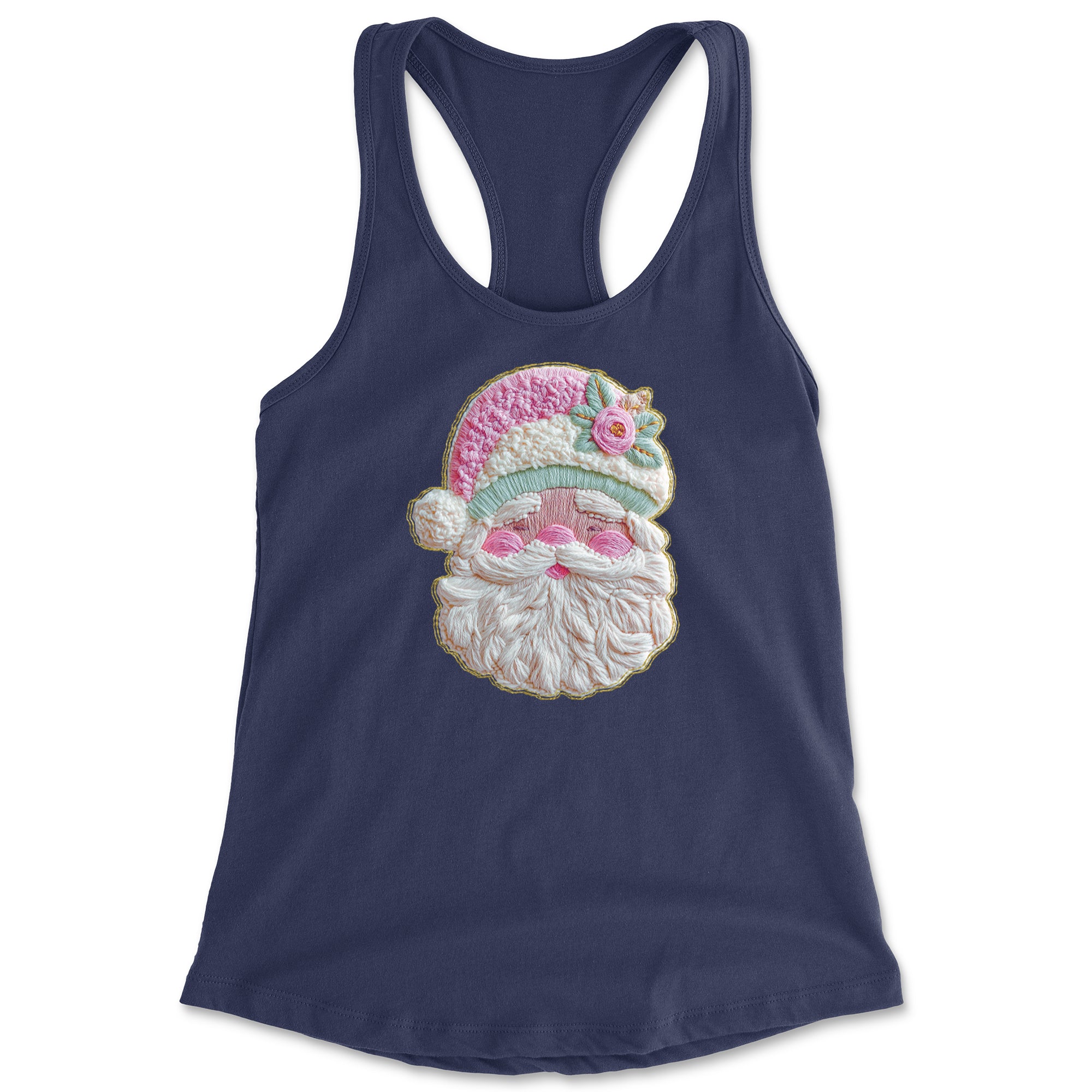 Vintage Santa Embroidery Art Soft Cottagecore Racerback Tank Top for Women Navy Blue