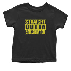 Straight Outta Steeler Nation Football graphic on Onesie and Toddler T-Shirt in Black