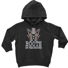 Boots On The Ground Bling artwork on toddler pullover fleece hoodie and infant fleece one-piece romper