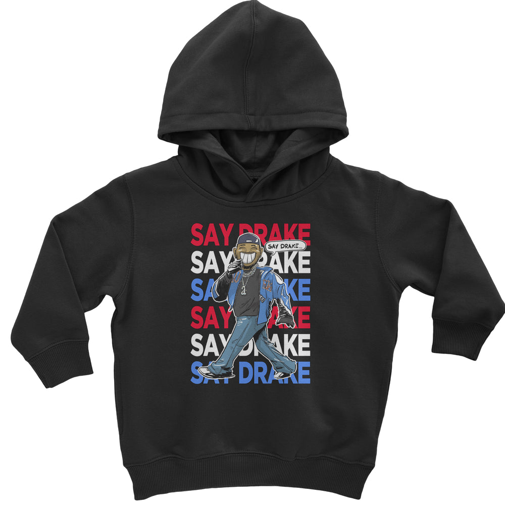 Say Drake Smiling Meme Mustard graphic on Toddler Hoodie and Baby Fleece Onesie in Black